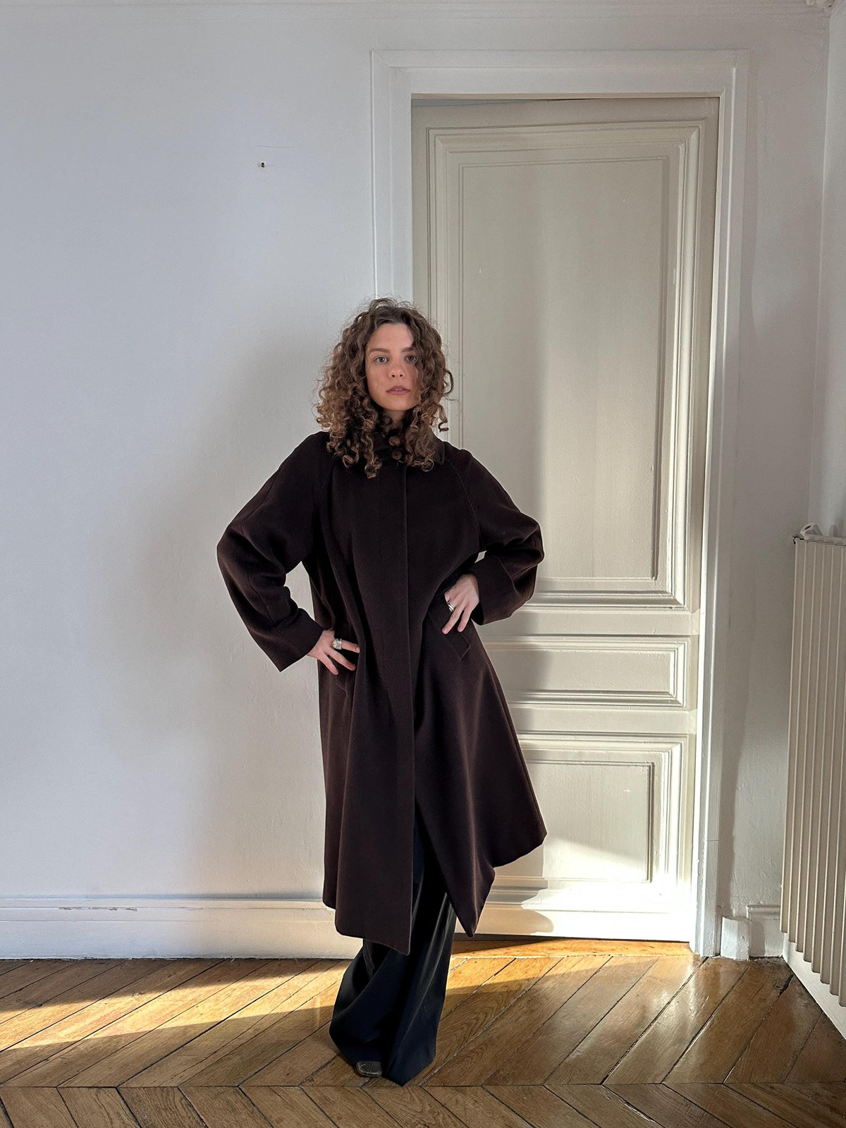 Vintage Les Copains Long Wool Angora Cashmere Coat in Chocolate Brown