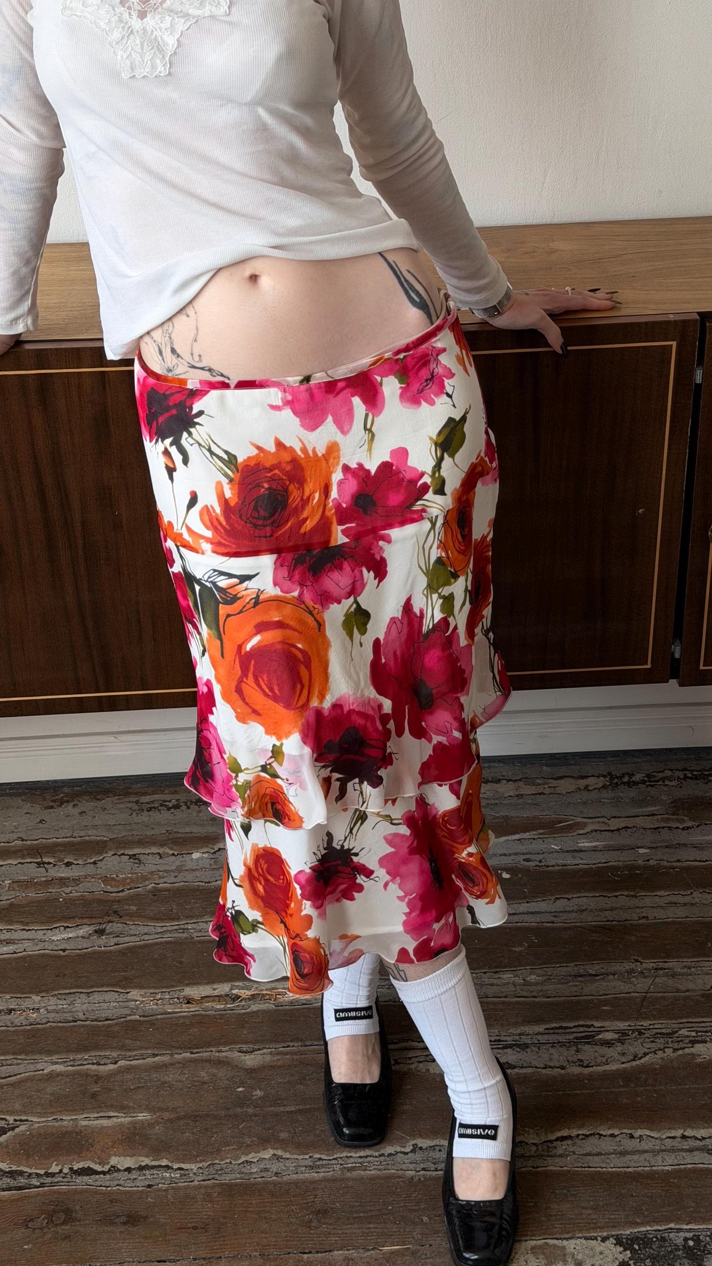 Vintage Marella Silk Floral Midi Skirt, Y2K Italian Bias Cut Slip Skirt (L/XL)
