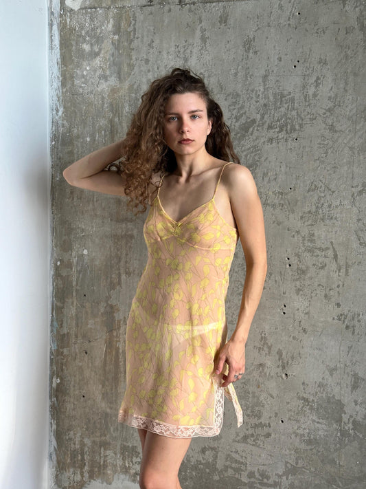 Vintage Calvin Klein Pure Silk Floral Slip Dress in Pink and Yellow