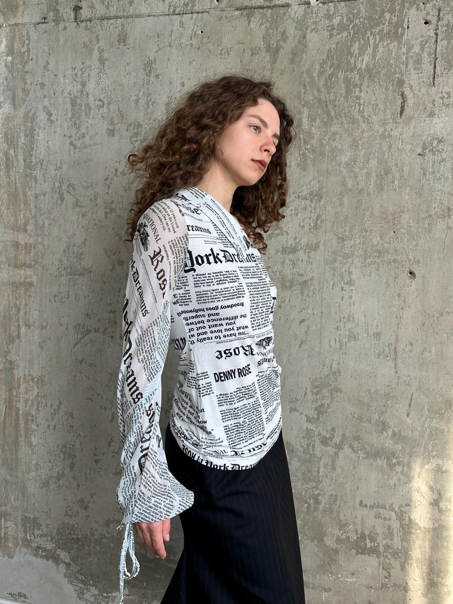 Vintage Denny Rose Newspaper Print One-Shoulder Top in Black and White