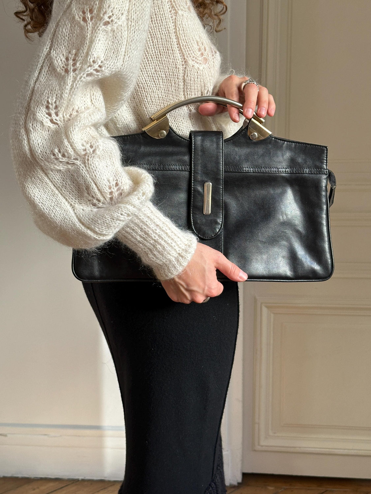 Vintage 90s Soft Black Leather Metal Hardware Handbag