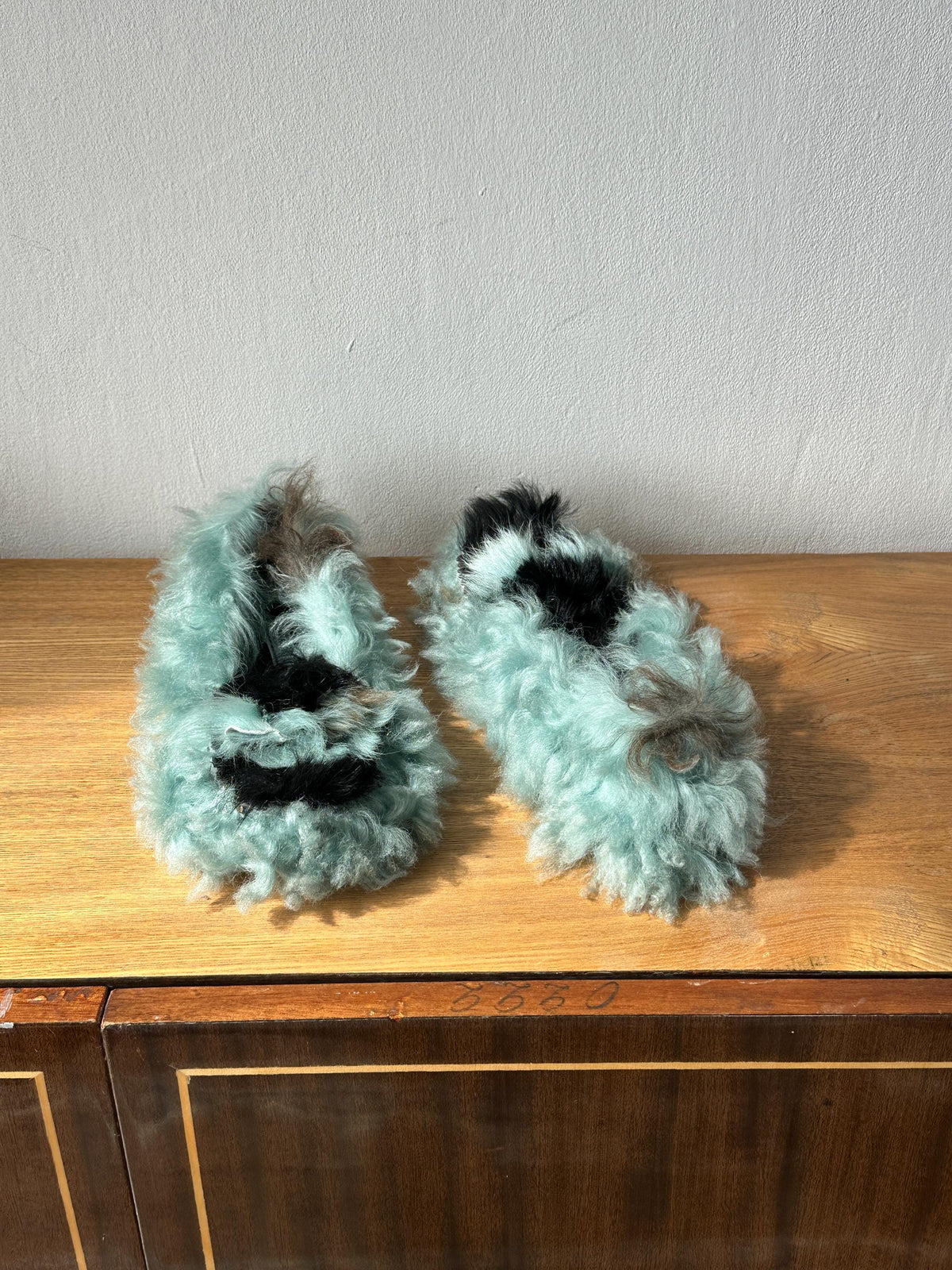 Vintage Prada Milano Shearling Fur Slipper | Mint Green & Black Furry Slides | US 6