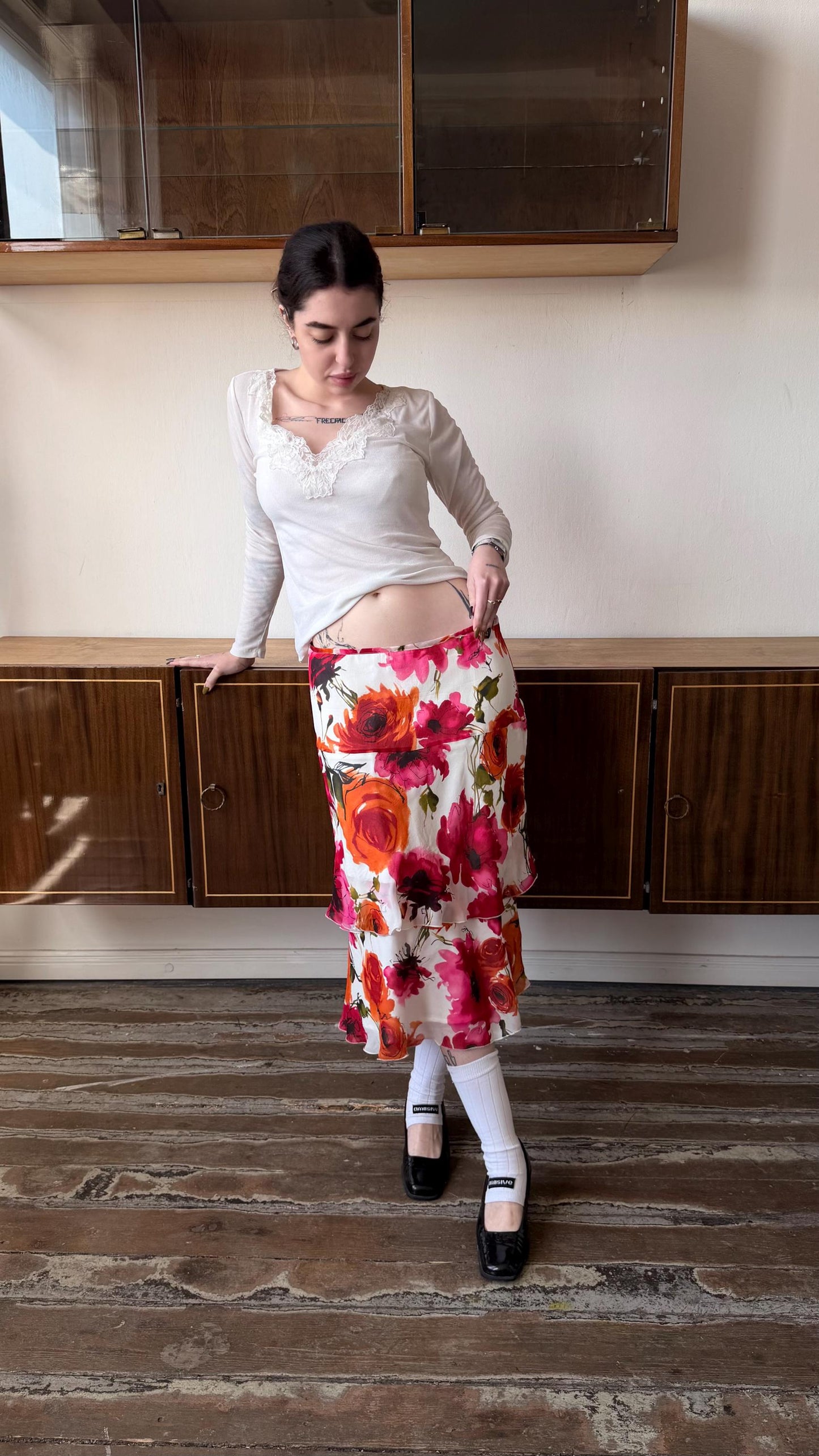 Vintage Marella Silk Floral Midi Skirt, Y2K Italian Bias Cut Slip Skirt (L/XL)