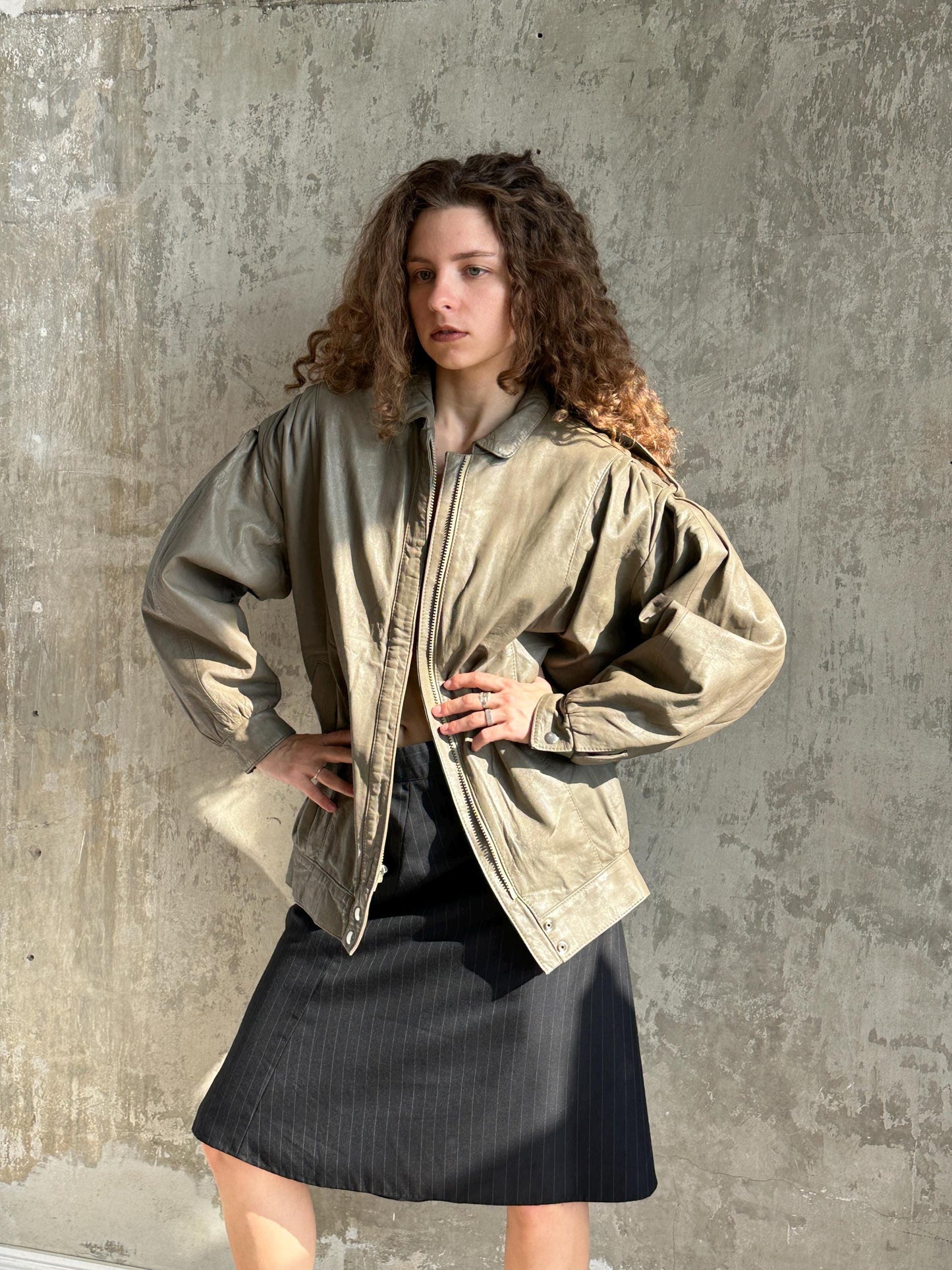 Vintage Oversized Leather Grey Bomber Jacket