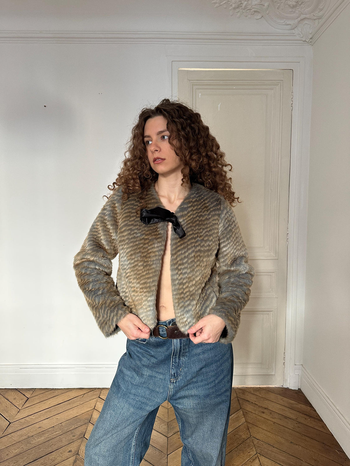 Vintage Cute Cropped Faux Fur Coat in Taupe Beige with Black Satin Bow