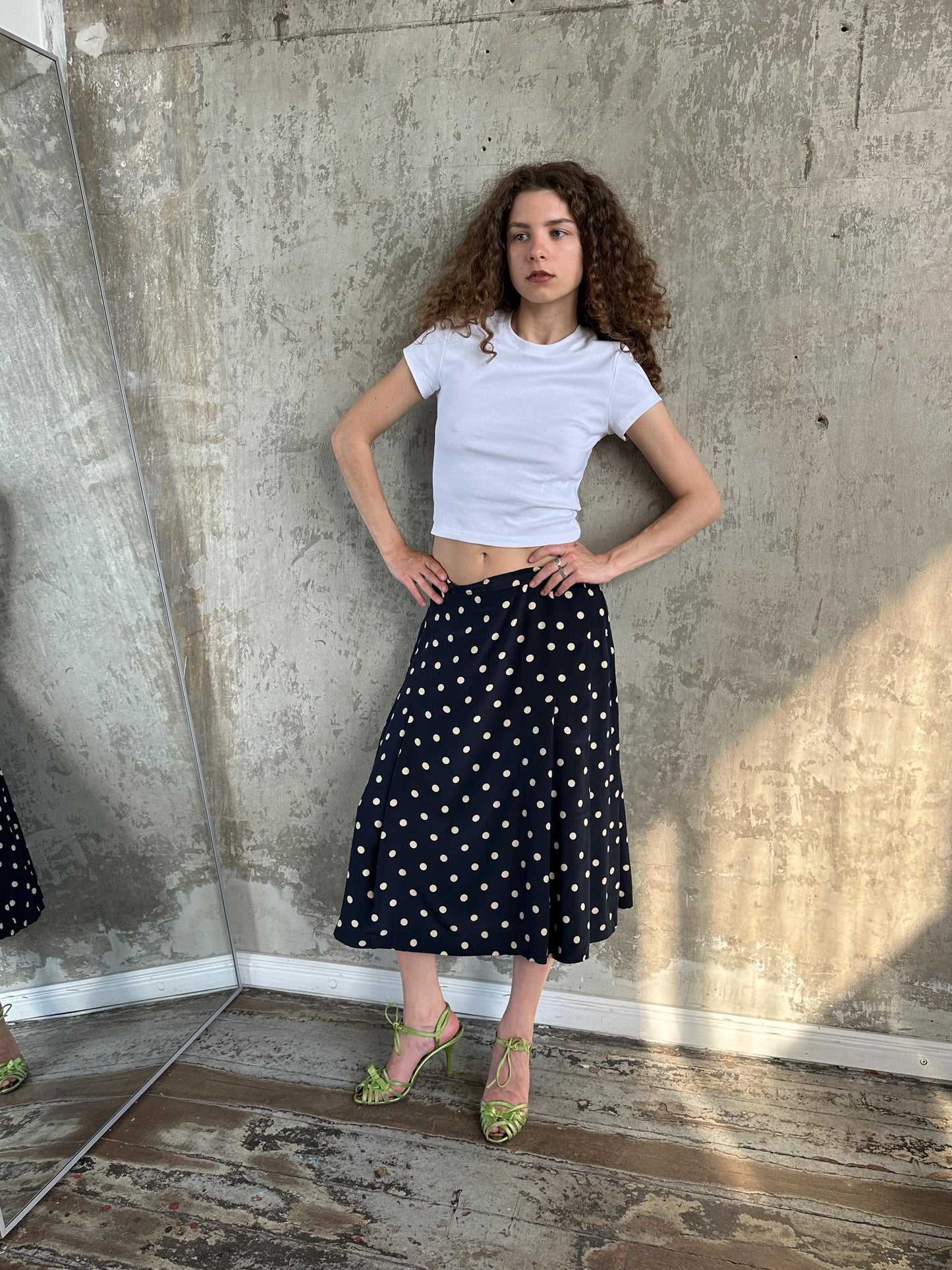 Vintage 90s Italian Silk Polka Dot Maxi Skirt in Black and White