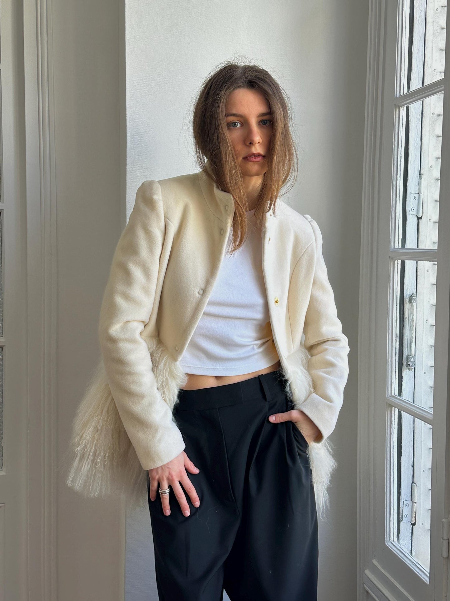 Vintage Y2K Ivory Wool Short Coat with Tibetan Lamb Fur Hem