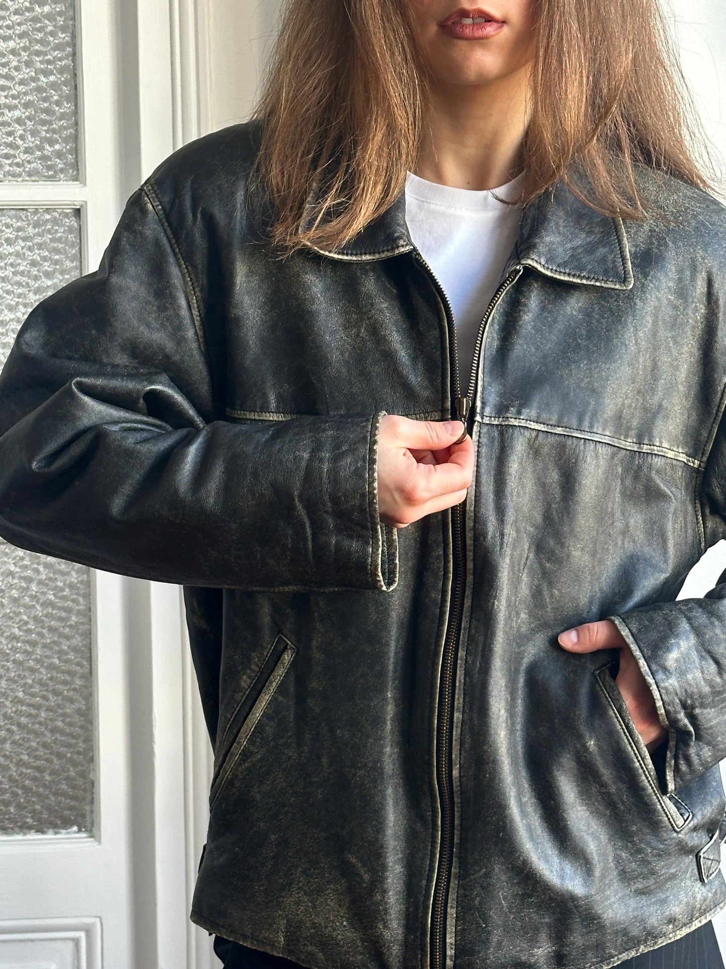 Vintage Distressed Leather Bomber Jacket in Black