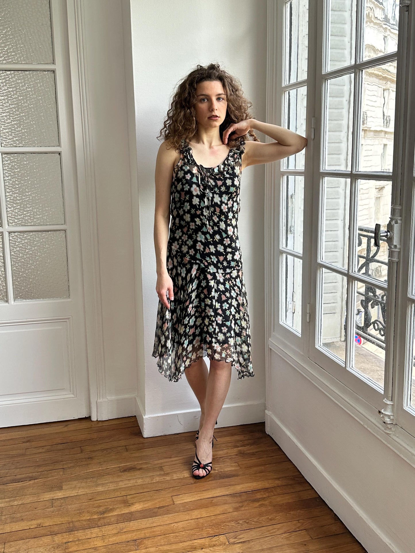 Moschino Cheap and Chic Black Floral Chiffon Midi Dress