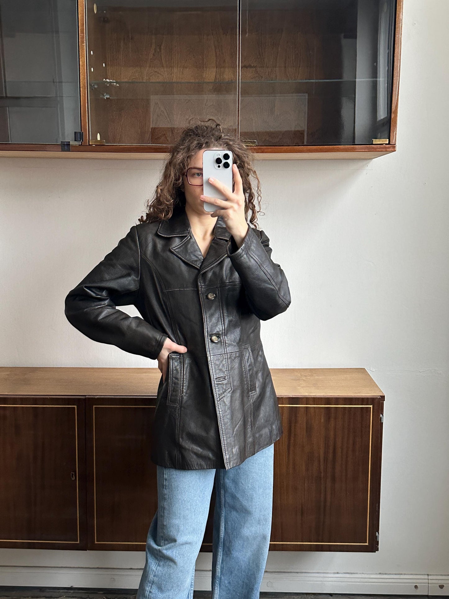 Vintage 90s Minimalist Leather Jacket In Dark Brown