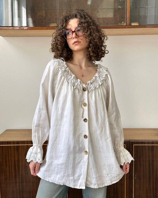 Vintage linen cottage core blouse in white, natural fabric clothing