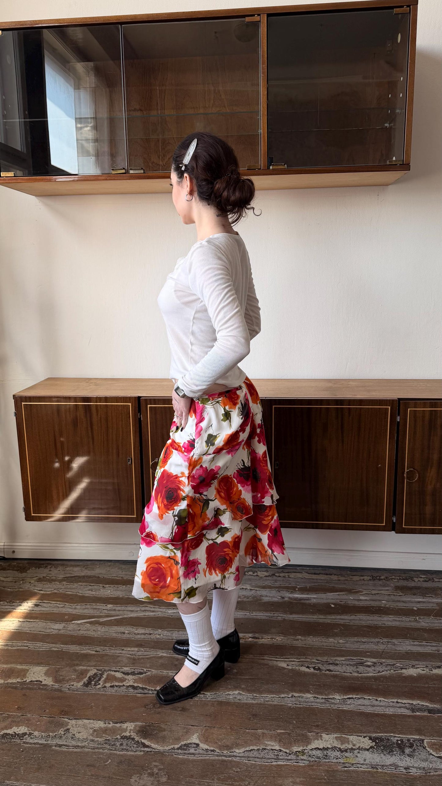 Vintage Marella Silk Floral Midi Skirt, Y2K Italian Bias Cut Slip Skirt (L/XL)