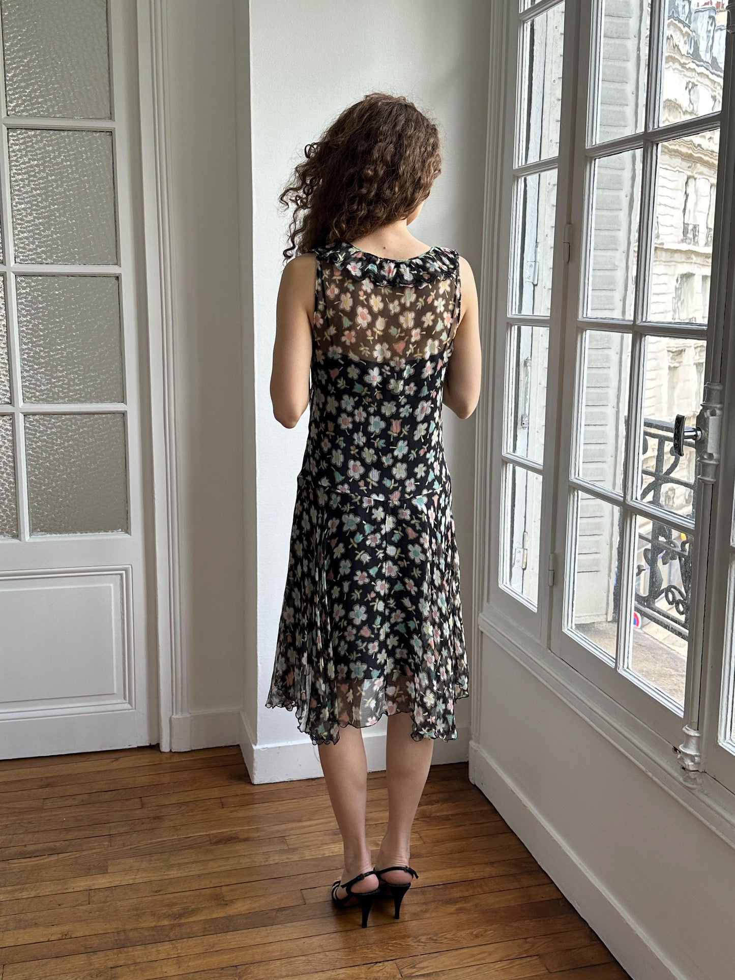 Moschino Cheap and Chic Black Floral Chiffon Midi Dress
