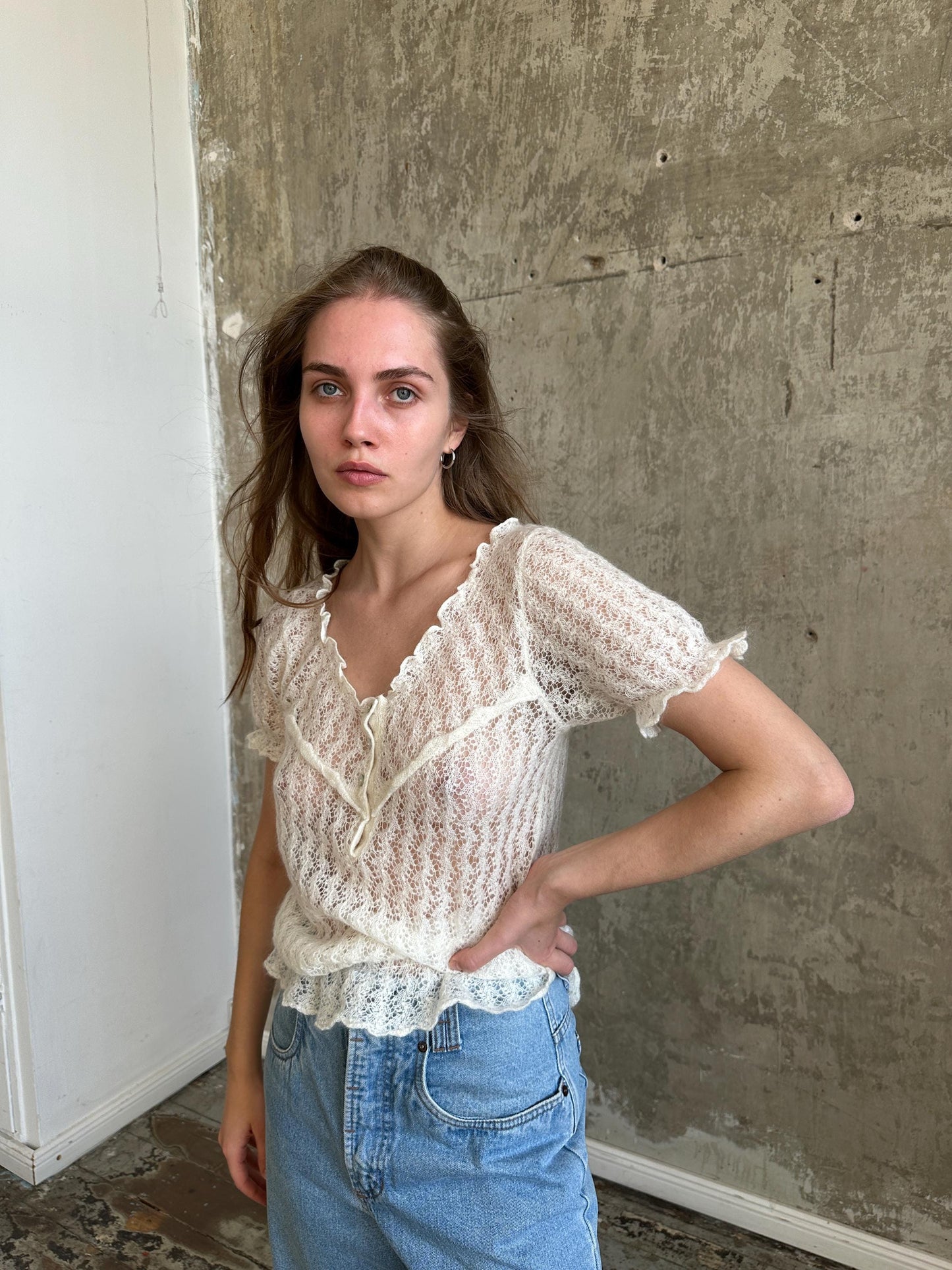 Vintage Mohair Romantic Ruffle Top in White I Sheer Knitted Top