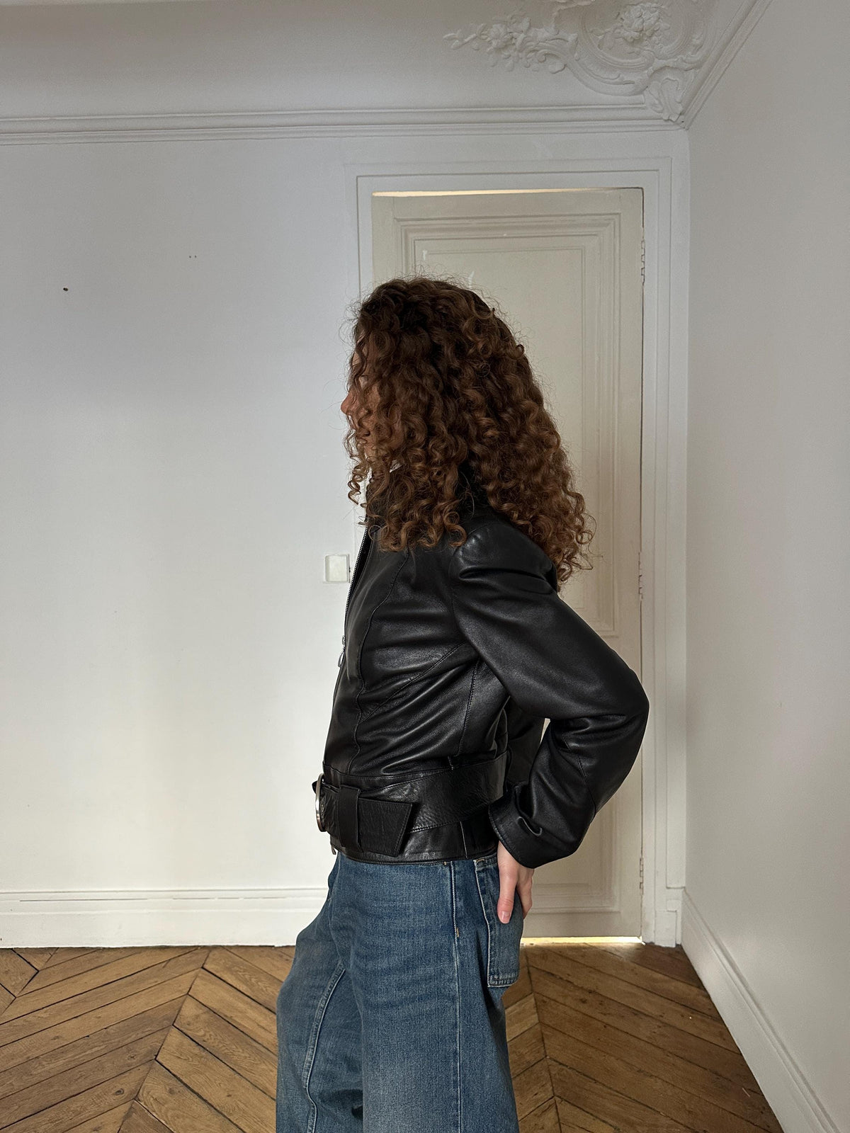 Vintage Genuine Leather Belted Jacket in Black with Ring Buckle