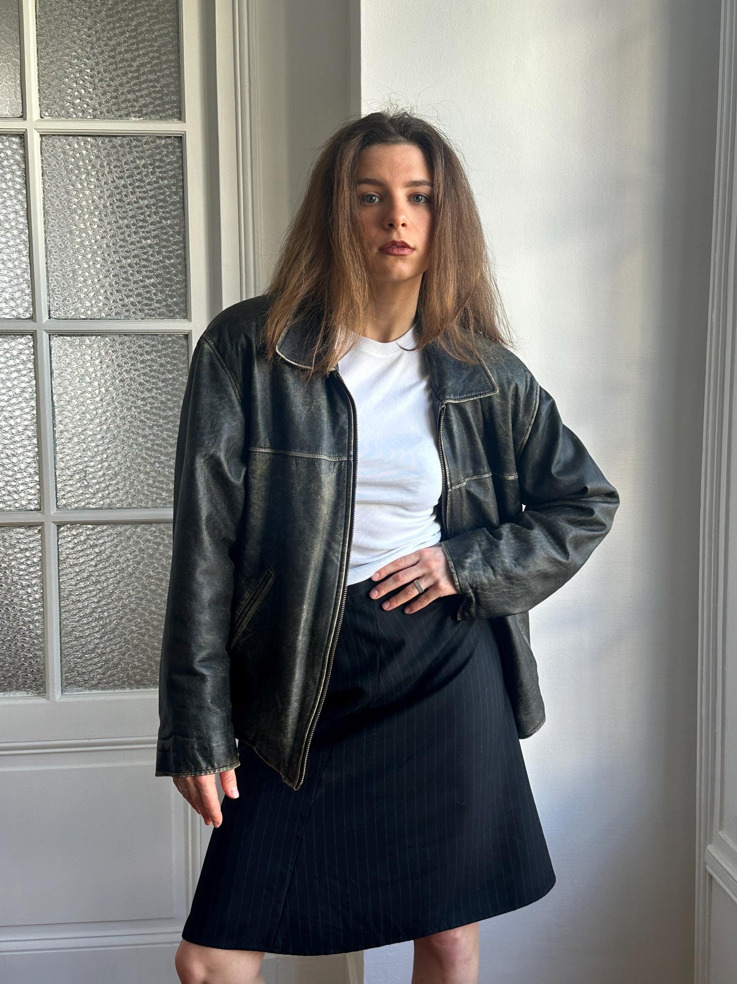 Vintage Distressed Leather Bomber Jacket in Black