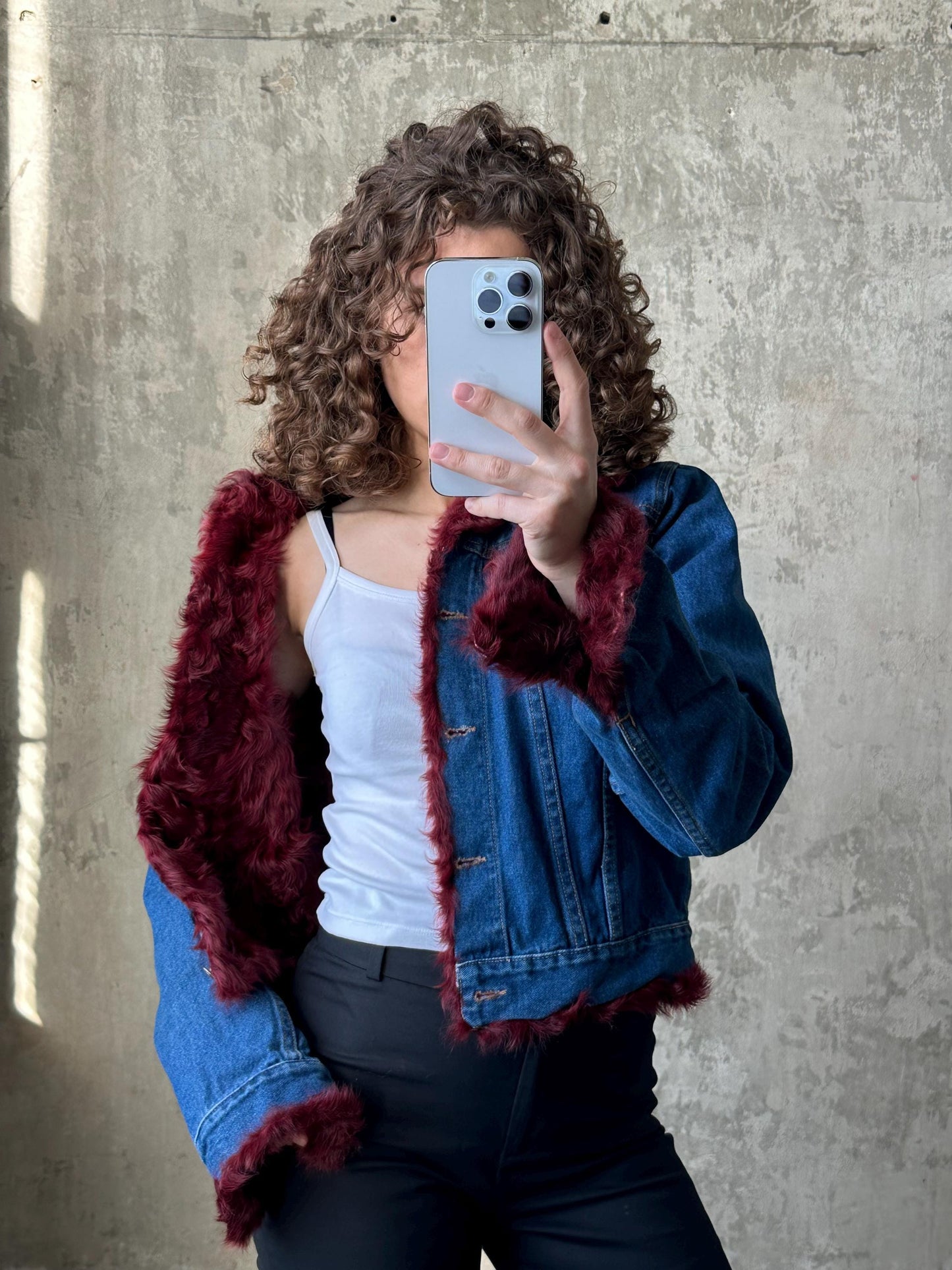 Vintage blue denim bomber jacket with fur lining