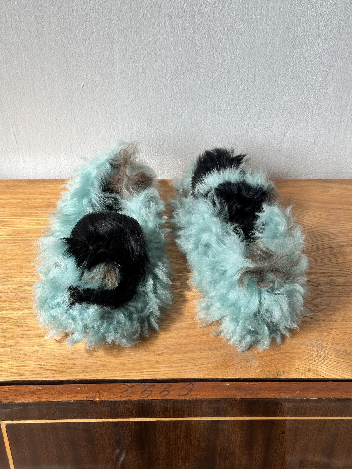 Vintage Prada Milano Shearling Fur Slipper | Mint Green & Black Furry Slides | US 6