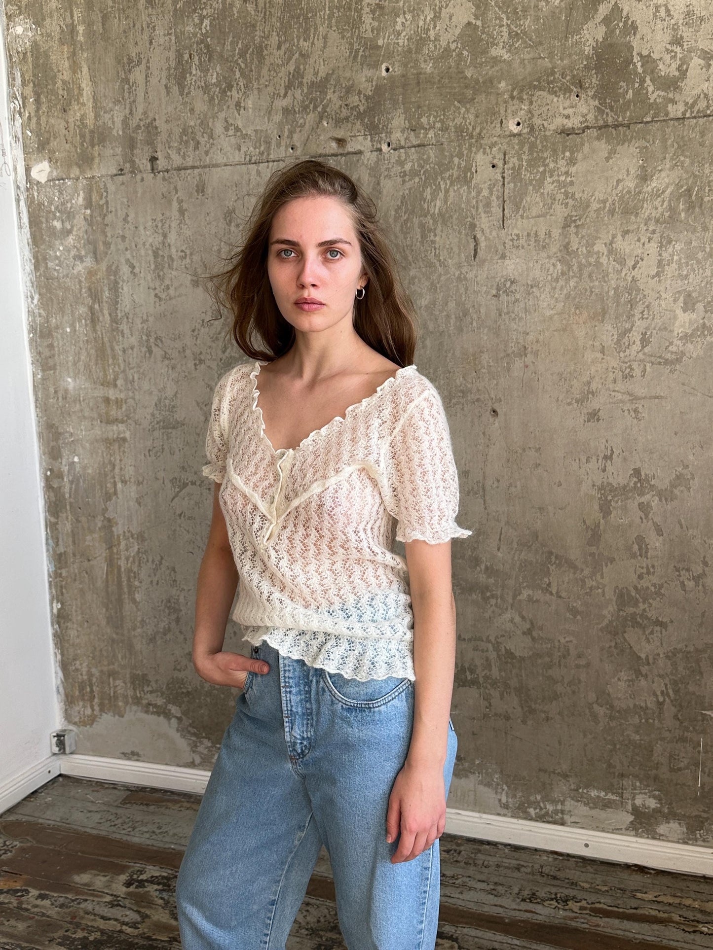 Vintage Mohair Romantic Ruffle Top in White I Sheer Knitted Top