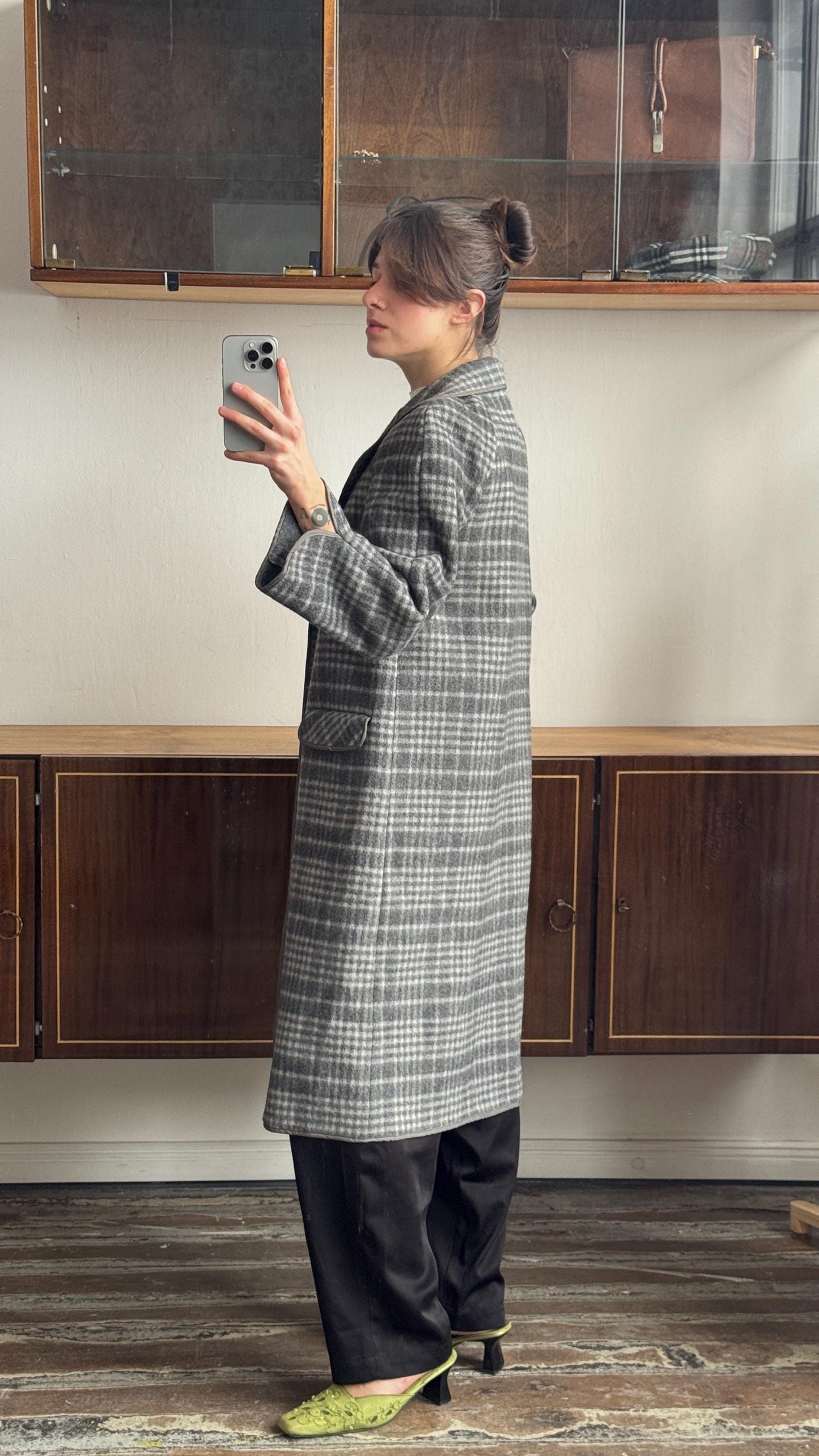 Vintage Fitted Checked Wool Coat In Grey