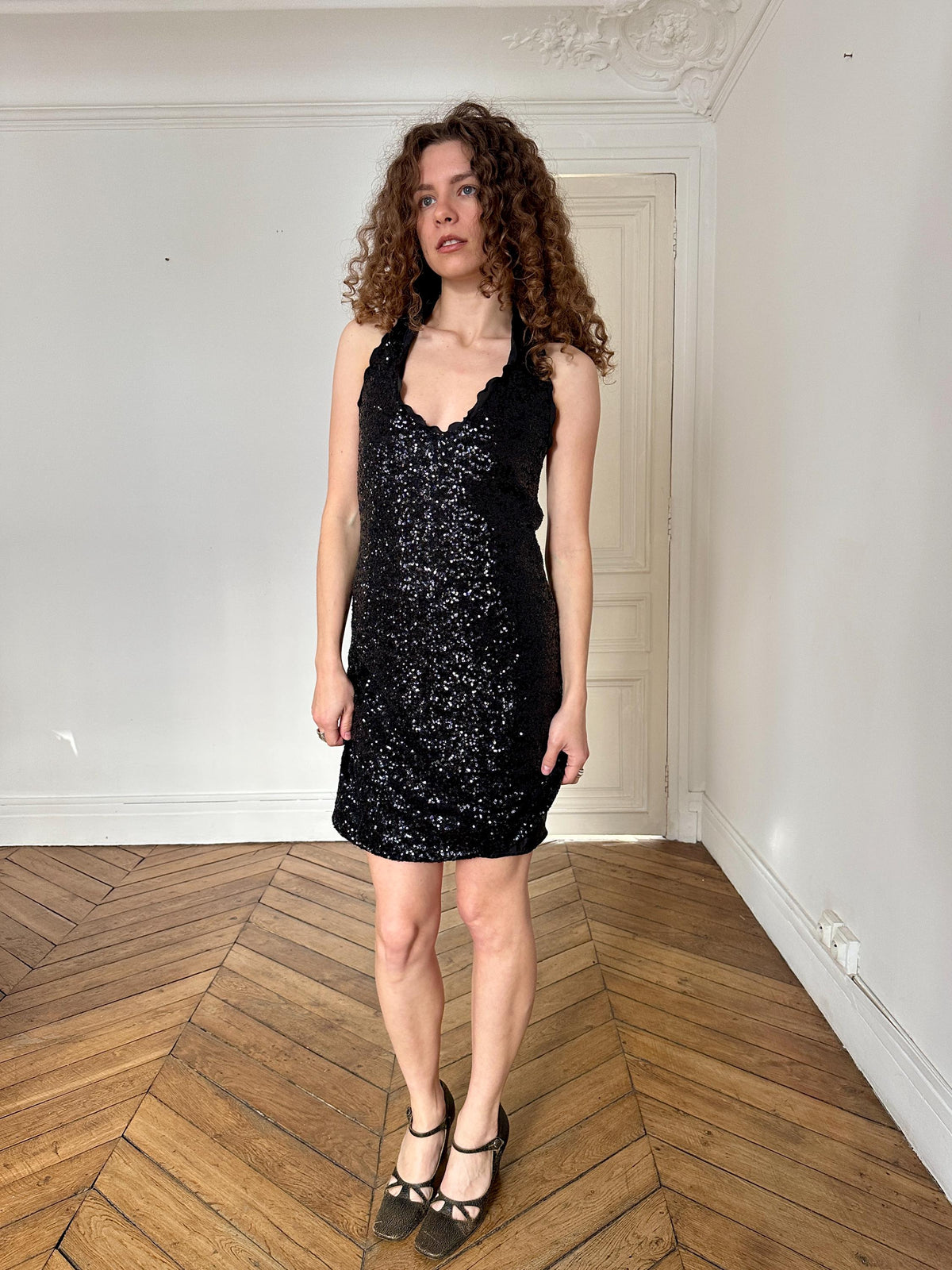 Vintage Moschino Cheap and Chic Black Sequin Open Back Party Dress I US 6