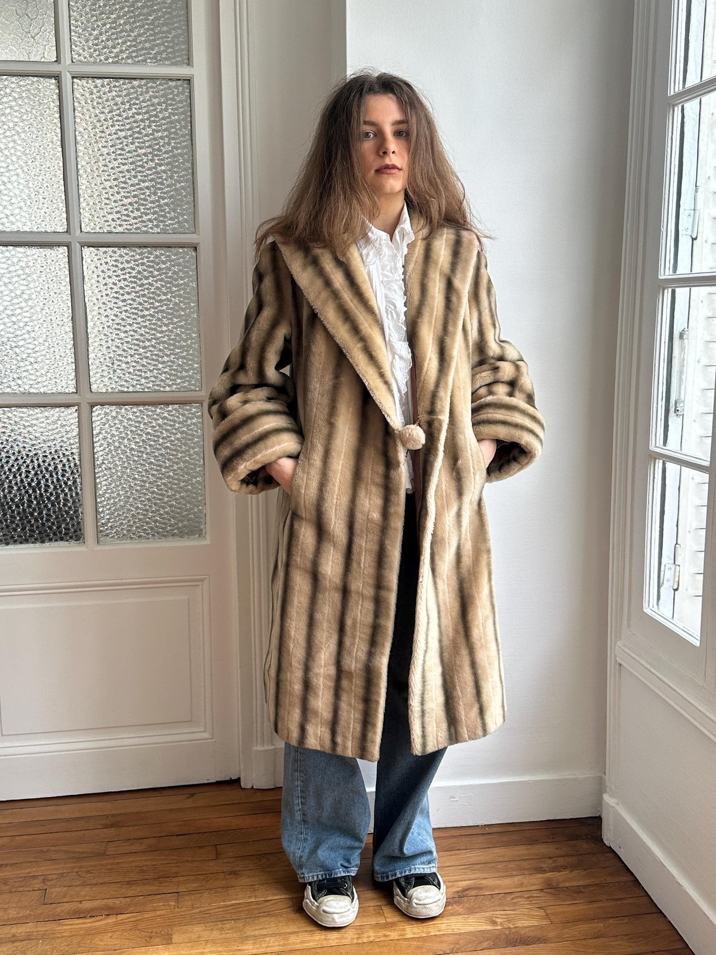 Vintage 60s Faux Fur Coat: Striped, Pom-Pom Closure, Midi Length, British Nylon