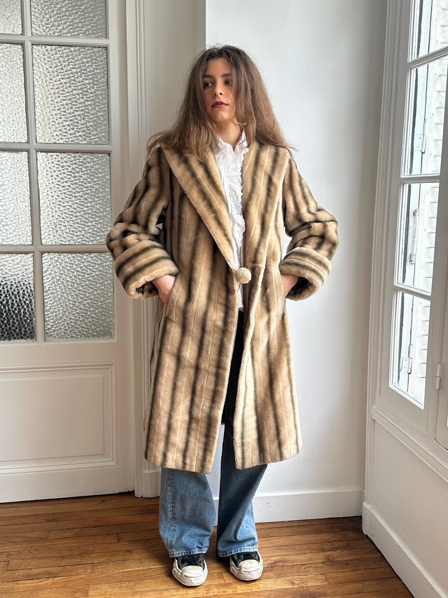 Vintage 60s Faux Fur Coat: Striped, Pom-Pom Closure, Midi Length, British Nylon