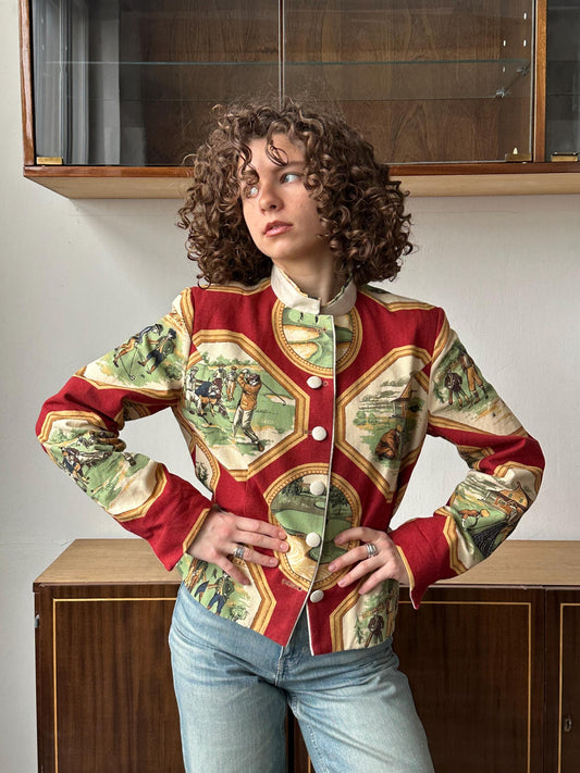 Vintage tapestry blazer in red and white with golf scenes