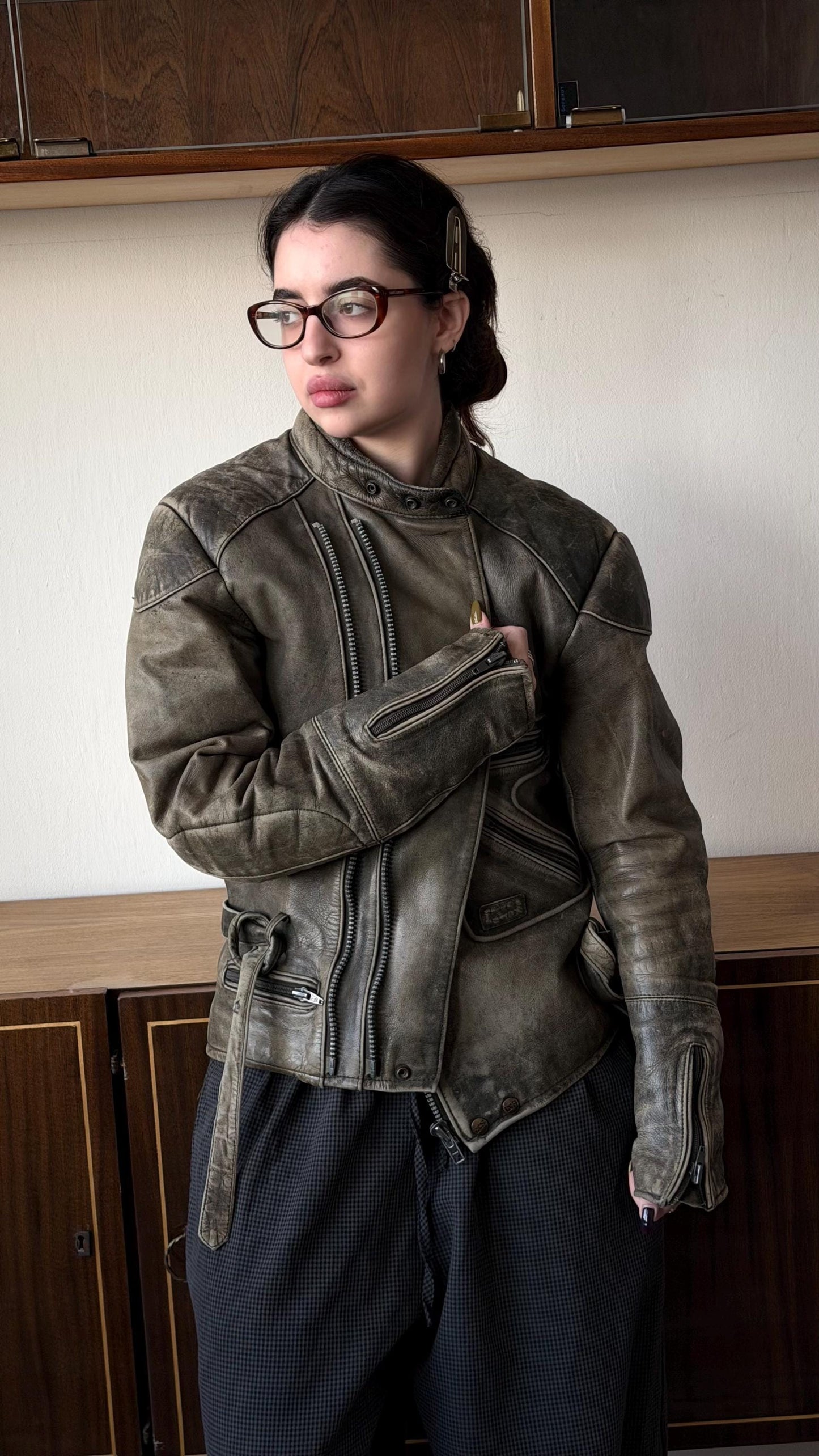 Vintage faded motorcycle leather jacket in brown