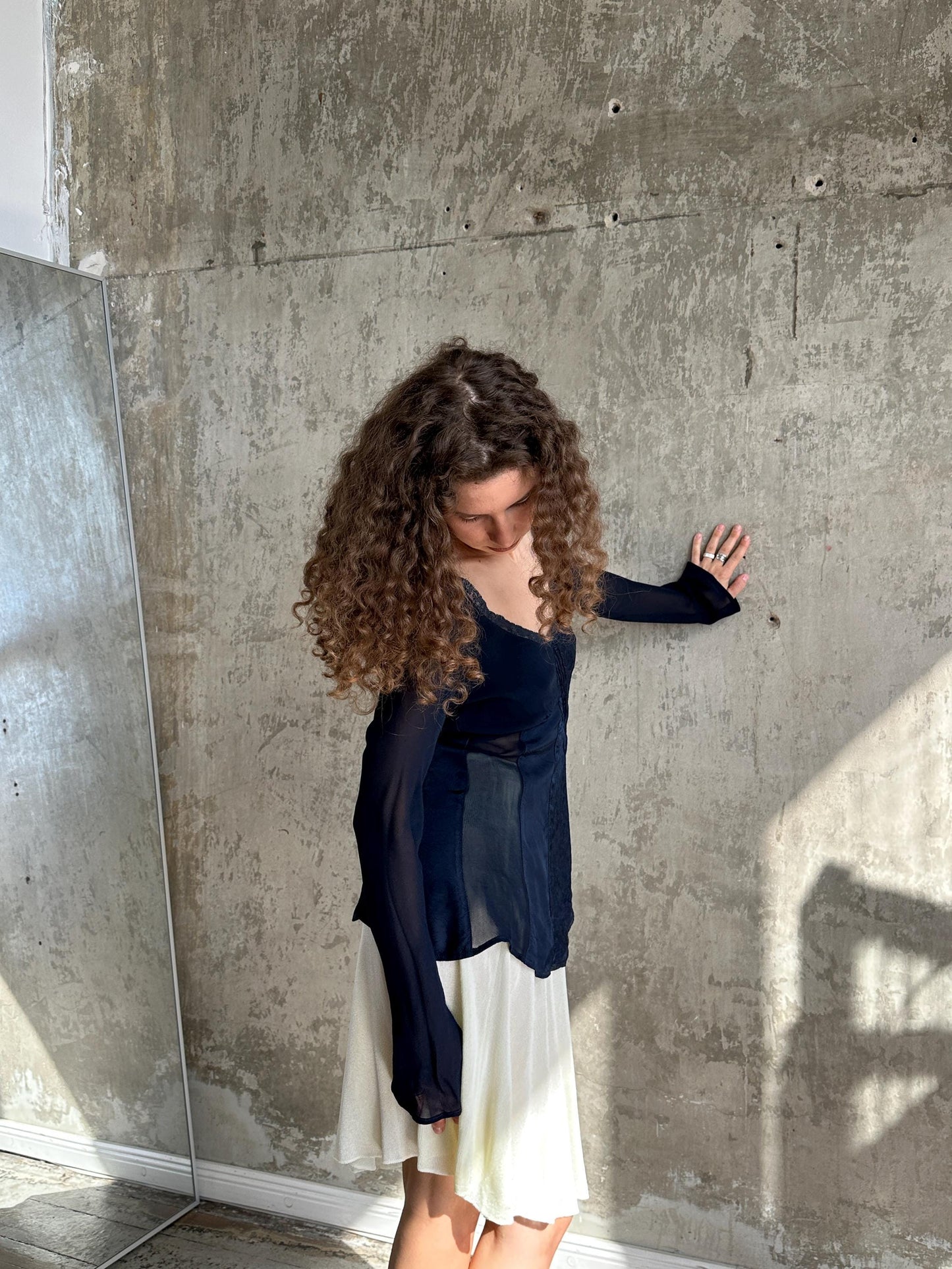 Vintage Navy Blue Sheer Lace Top