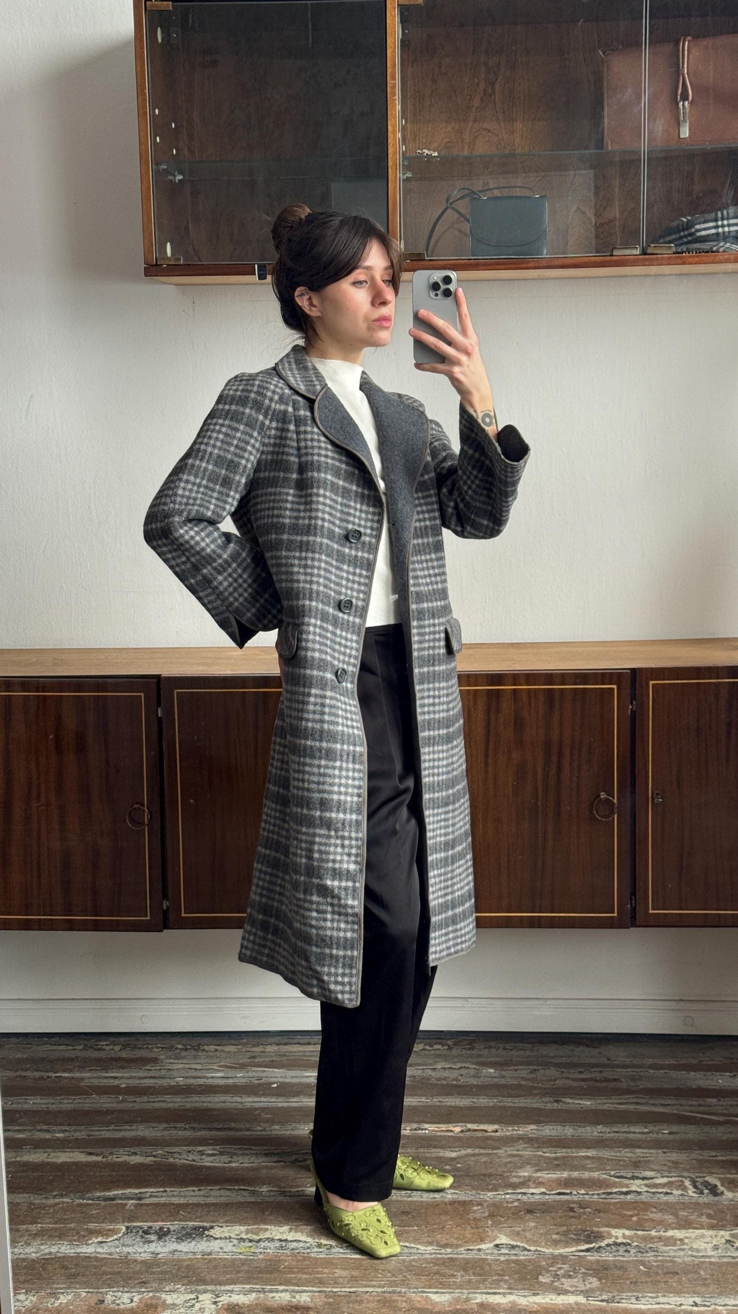Vintage Fitted Checked Wool Coat In Grey