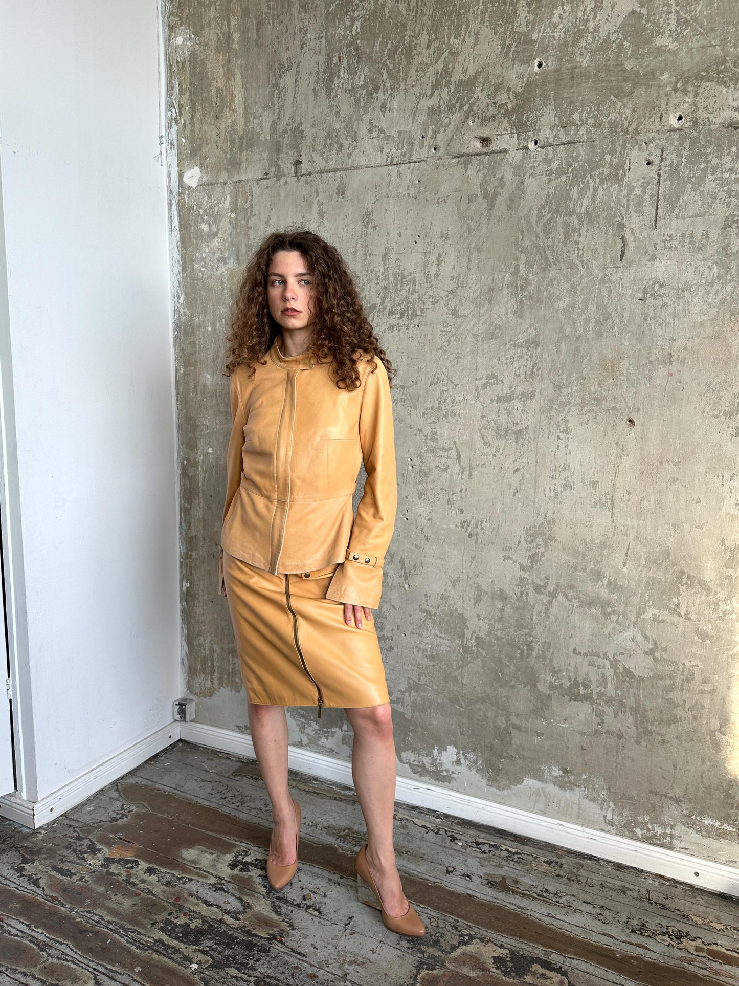 Vintage 90s Camel Tan Leather Suit | Jacket & Zip Skirt Set in Brown