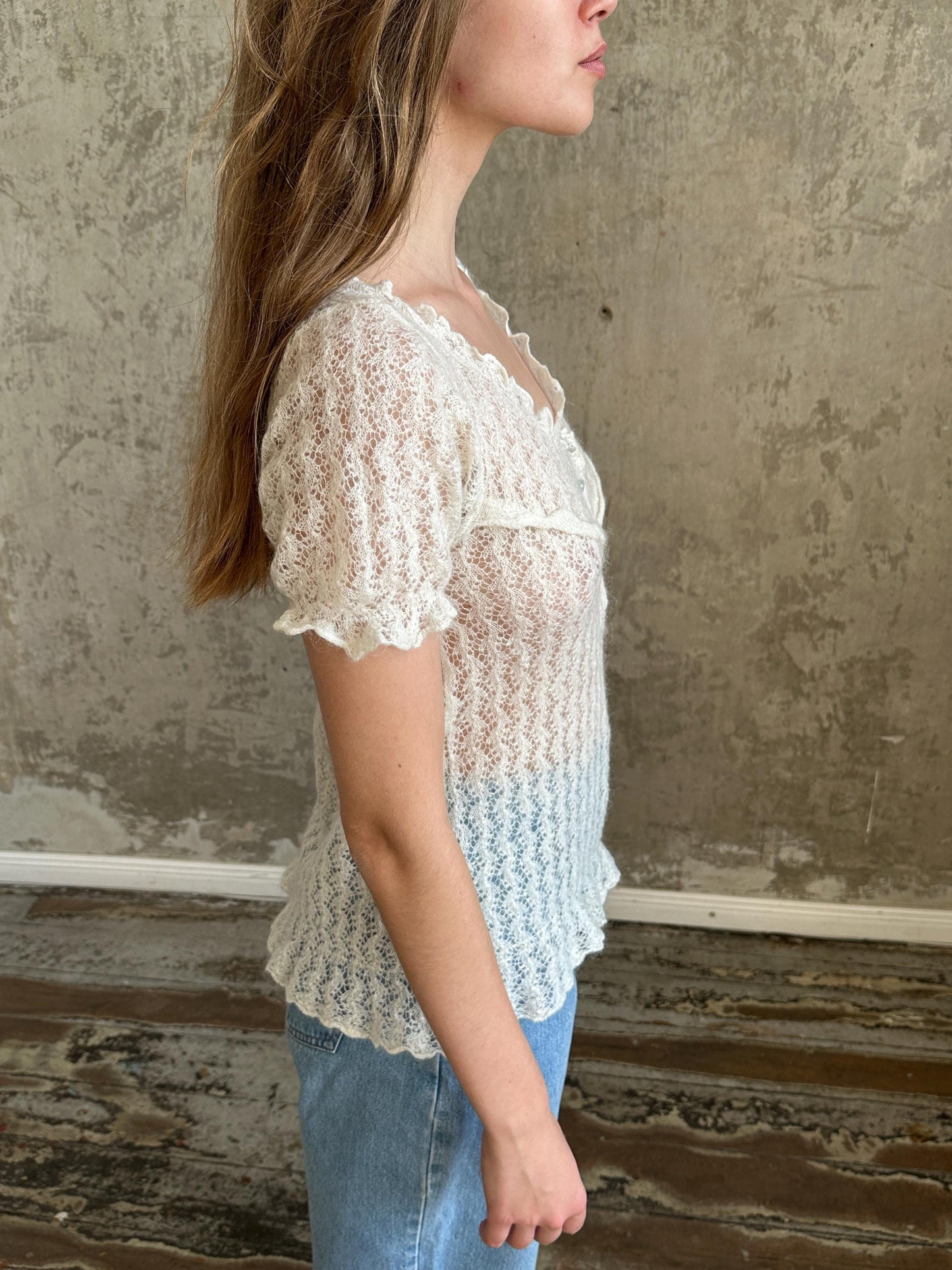 Vintage Mohair Romantic Ruffle Top in White I Sheer Knitted Top