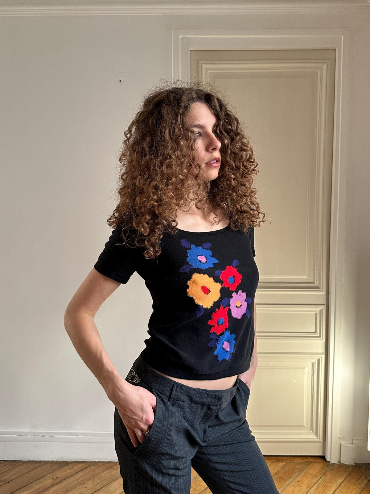 Vintage Sonia Rykiel Black Knit Top with Flowers