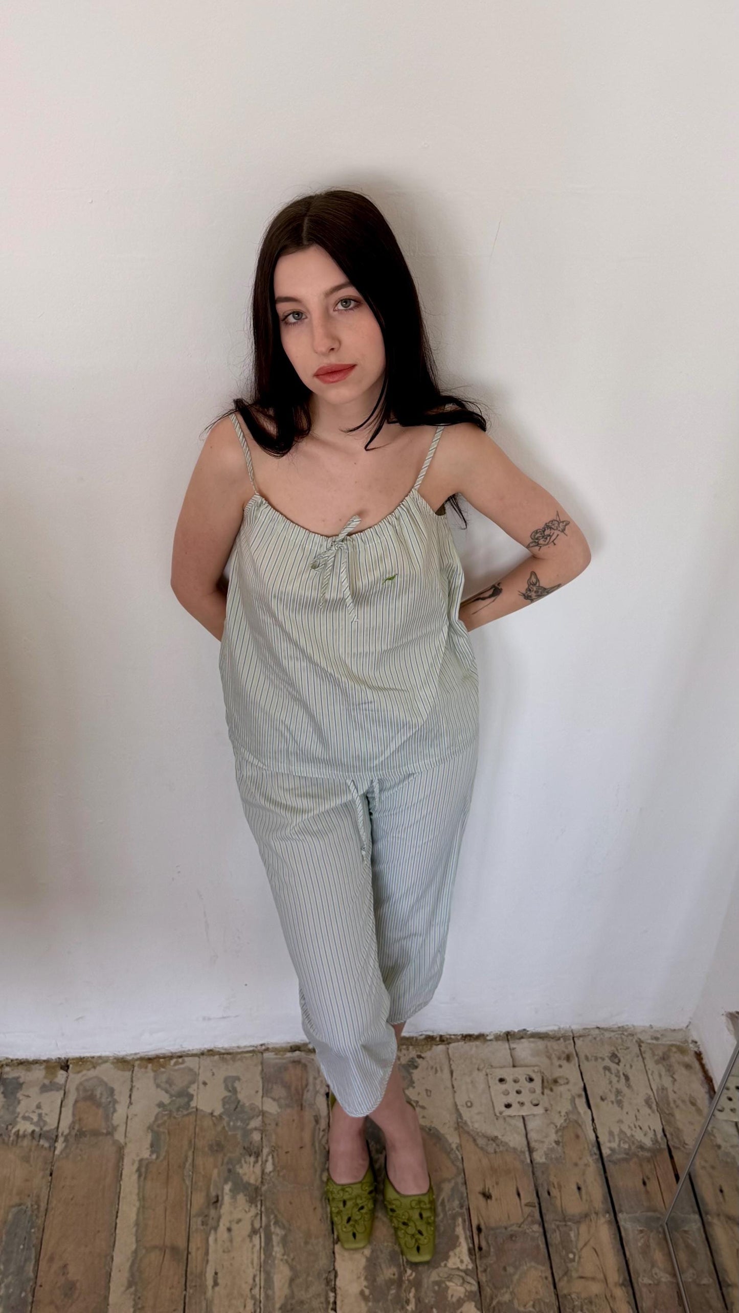 Vintage 90s striped pajama cotton top and trousers set in white