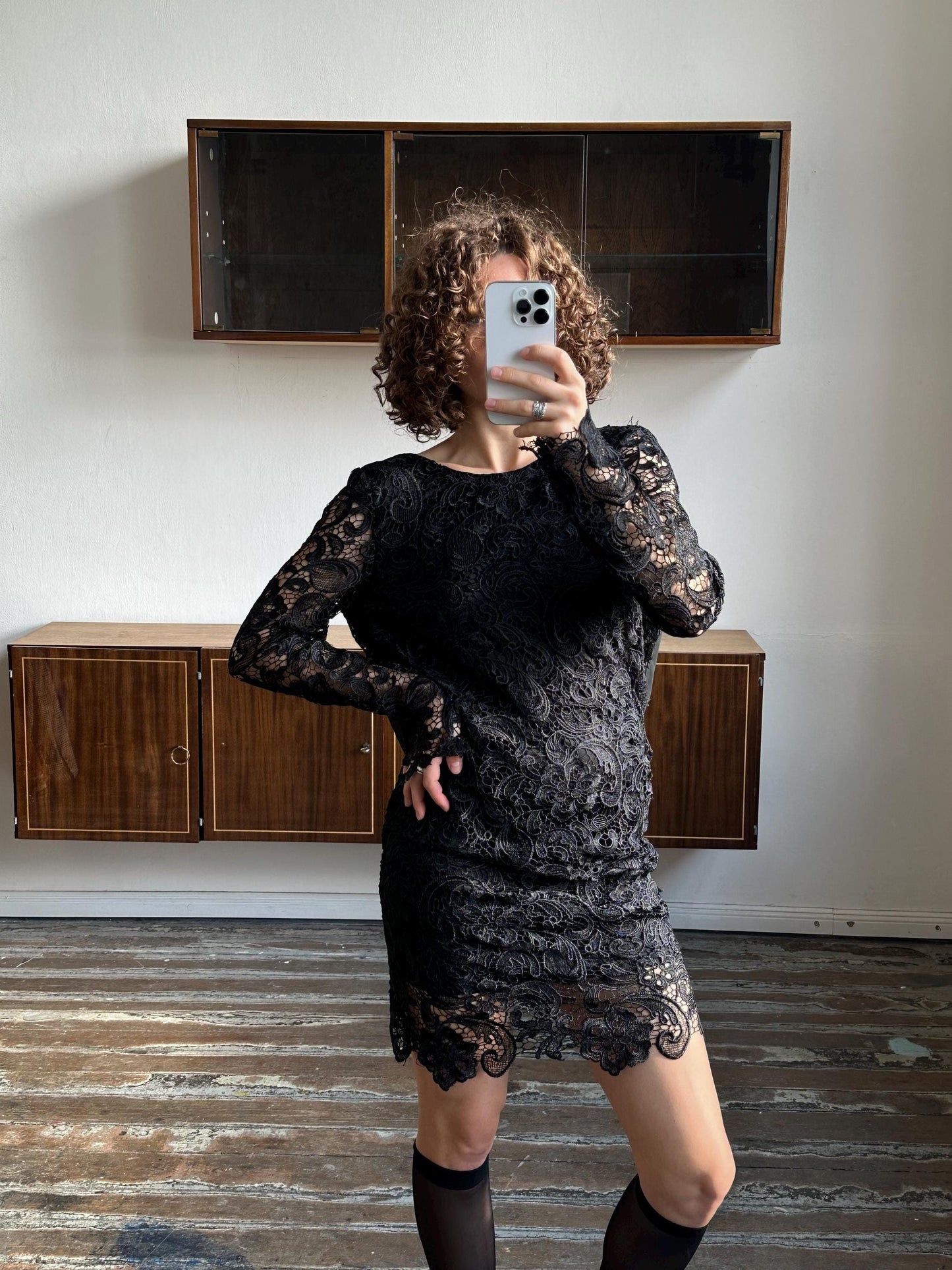 Vintage 90s long sleeve mini dress in black, lace slip dress