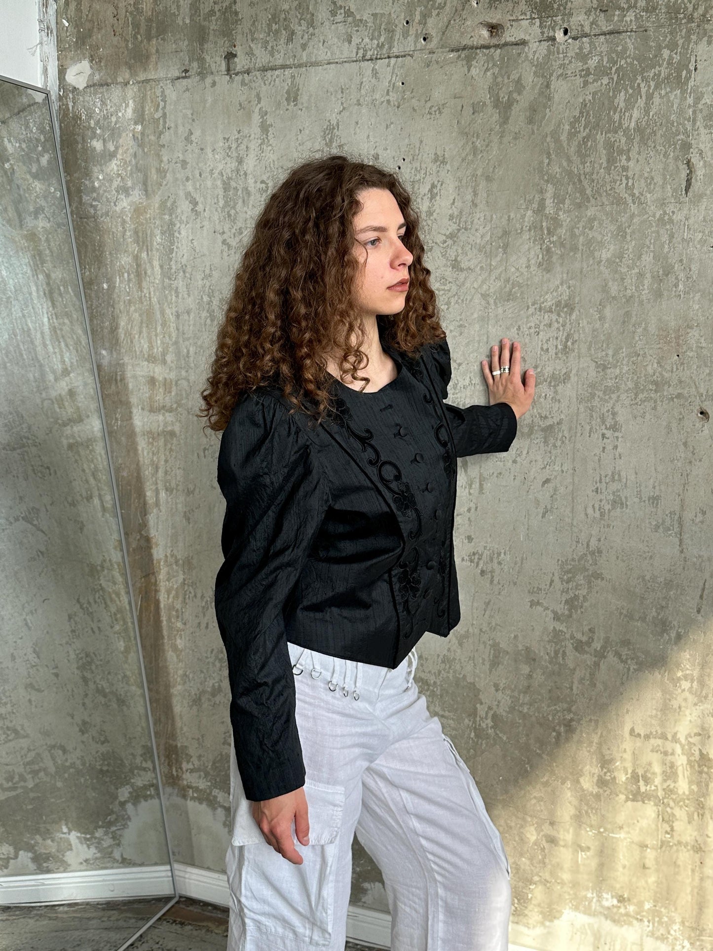 Vintage Victorian-Inspired Embroidered Blouse in Black