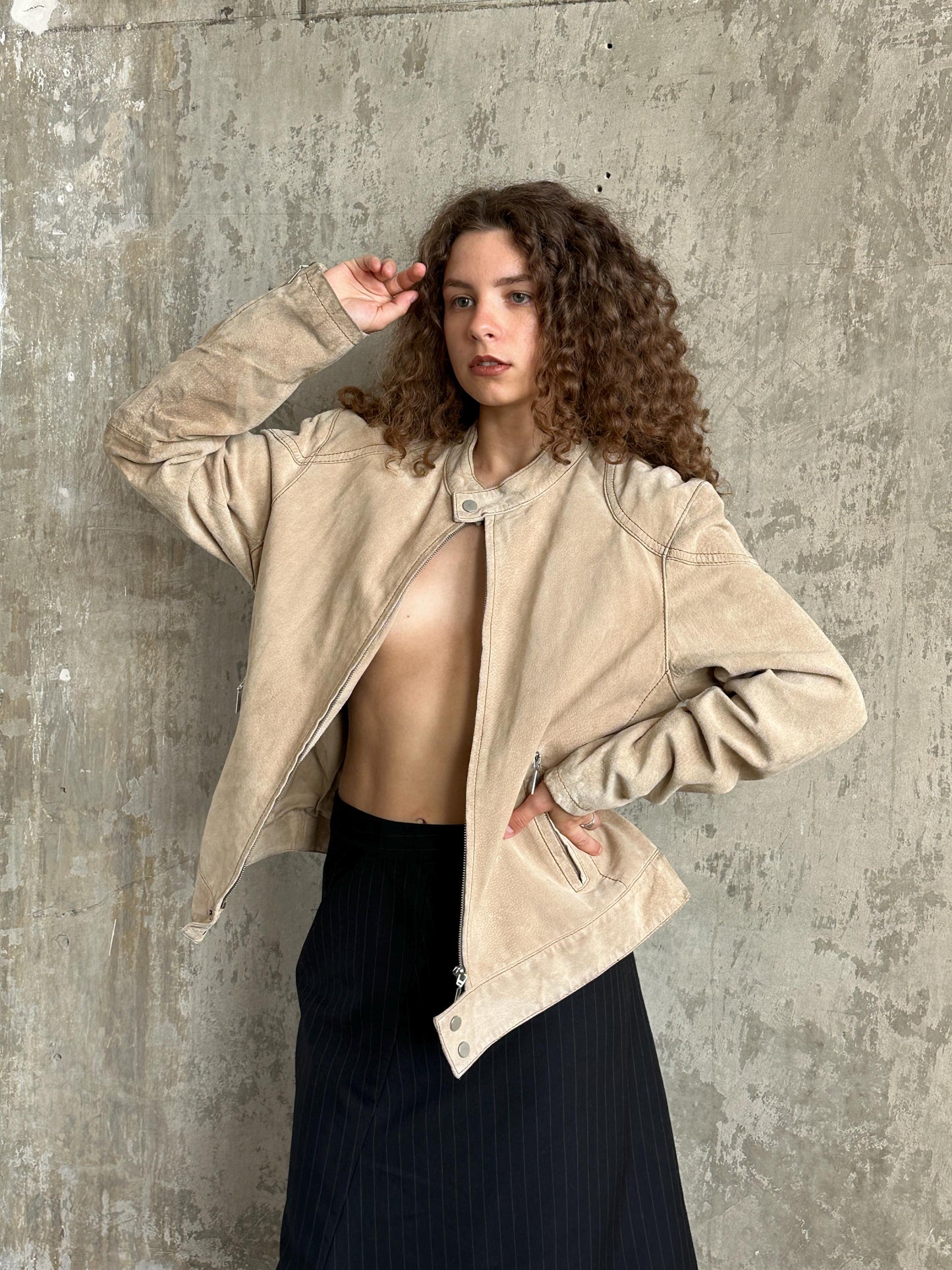Vintage 90s Beige Suede Leather Moto Jacket