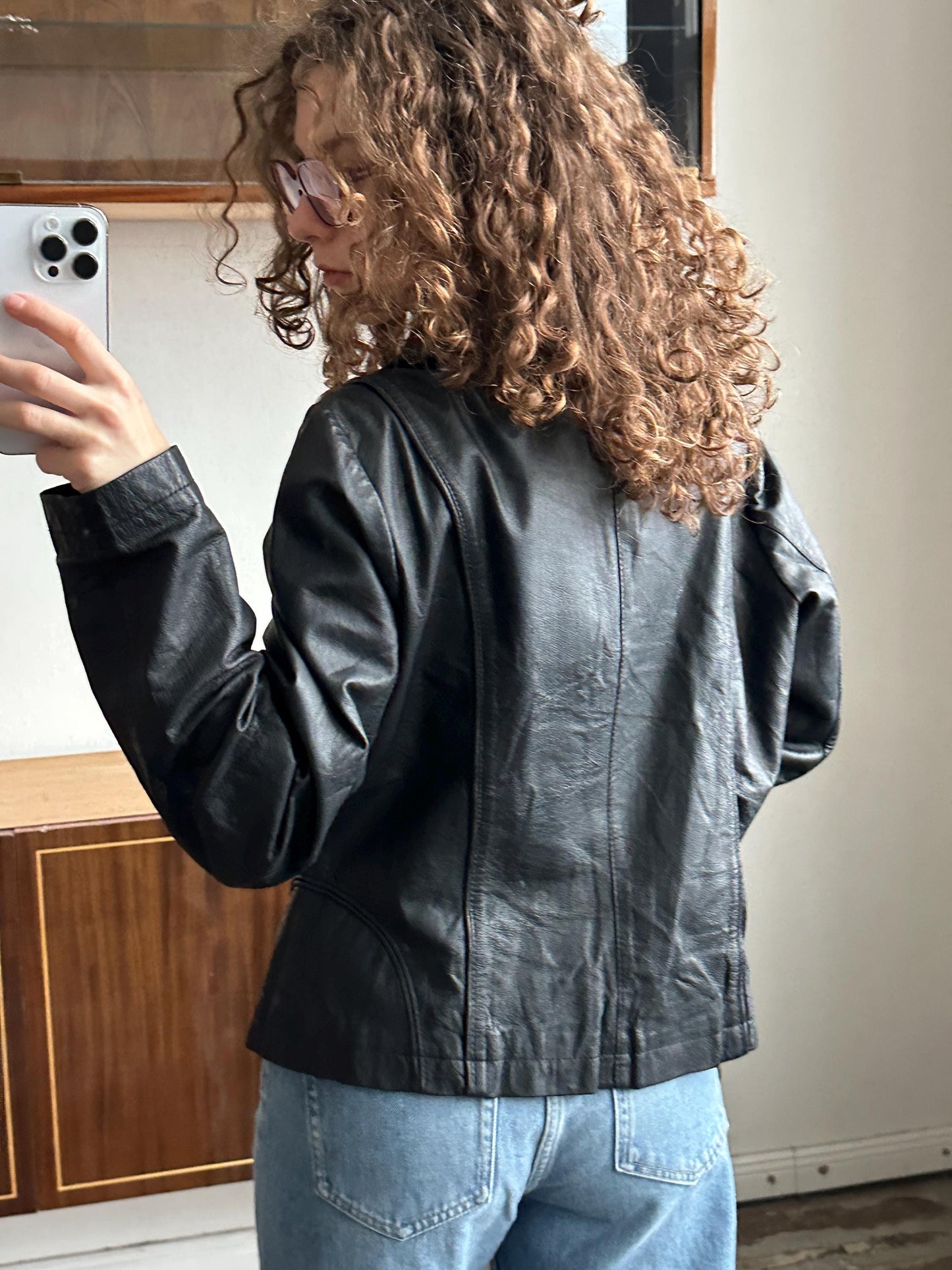 Vintage Oversized Leather Jacket In Black