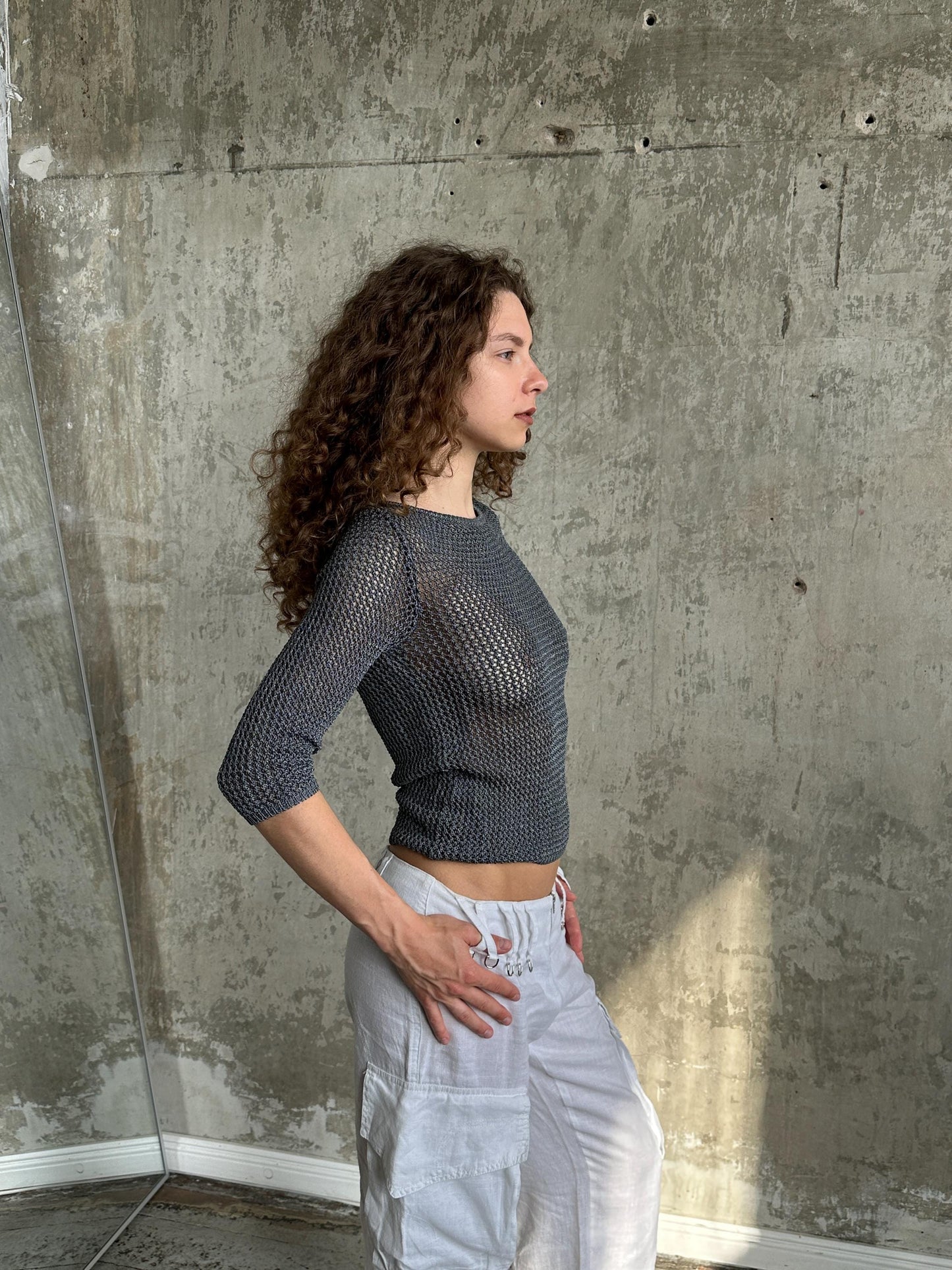 Vintage Max&Co Tricot Grey Open Mesh Knit Top | Sheer Crochet Net Top