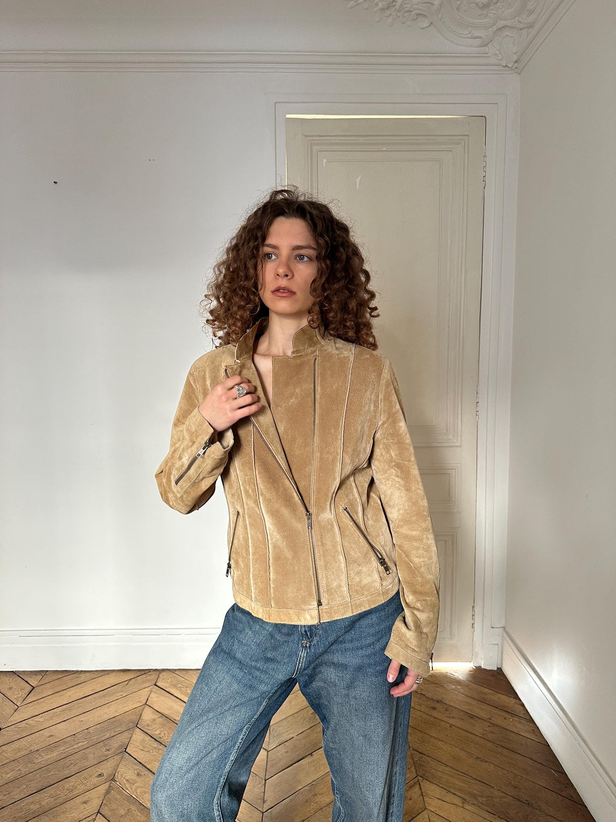 Vintage 90s Beige Suede Leather Motorcycle Jacket