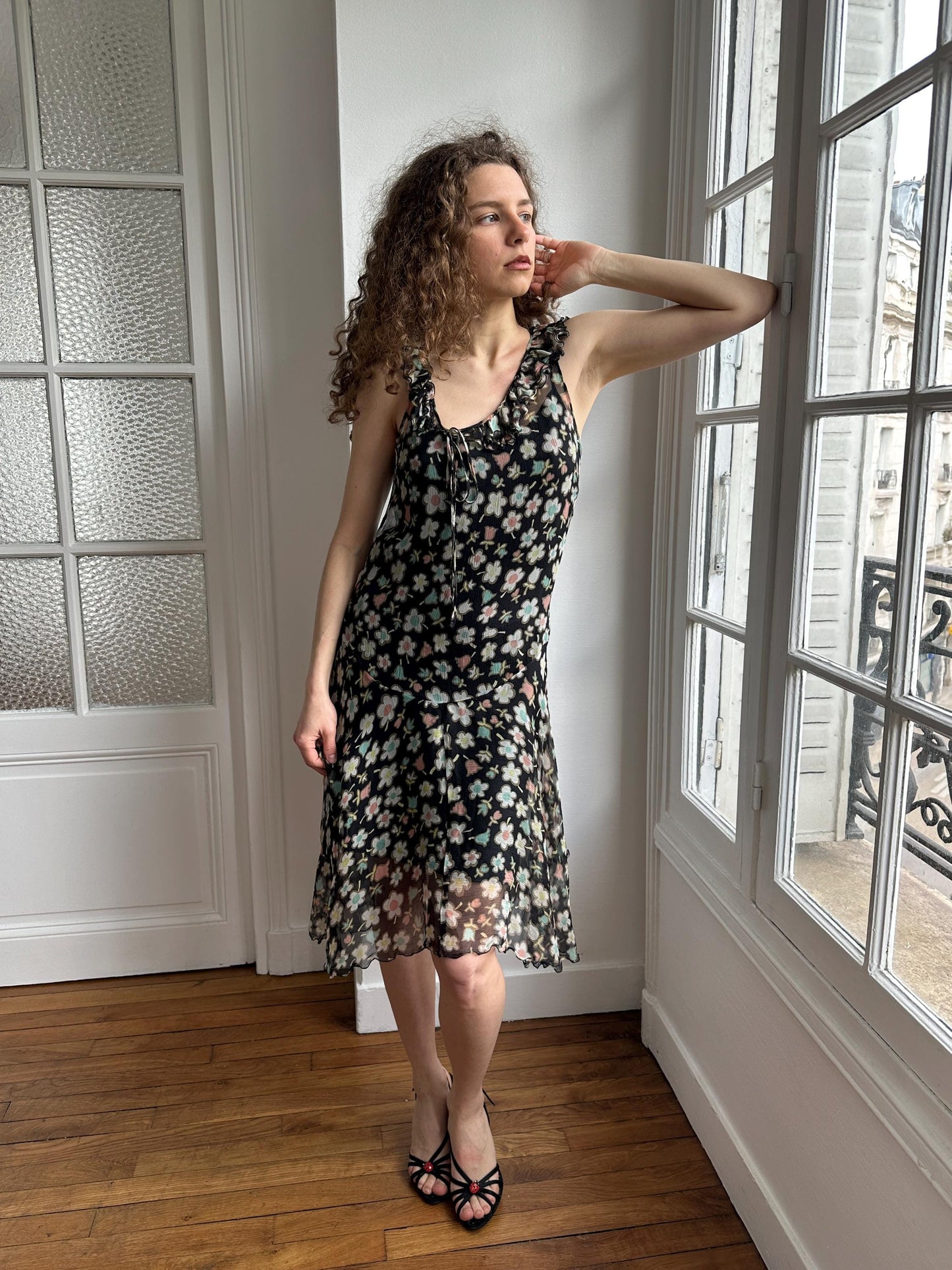 Moschino Cheap and Chic Black Floral Chiffon Midi Dress