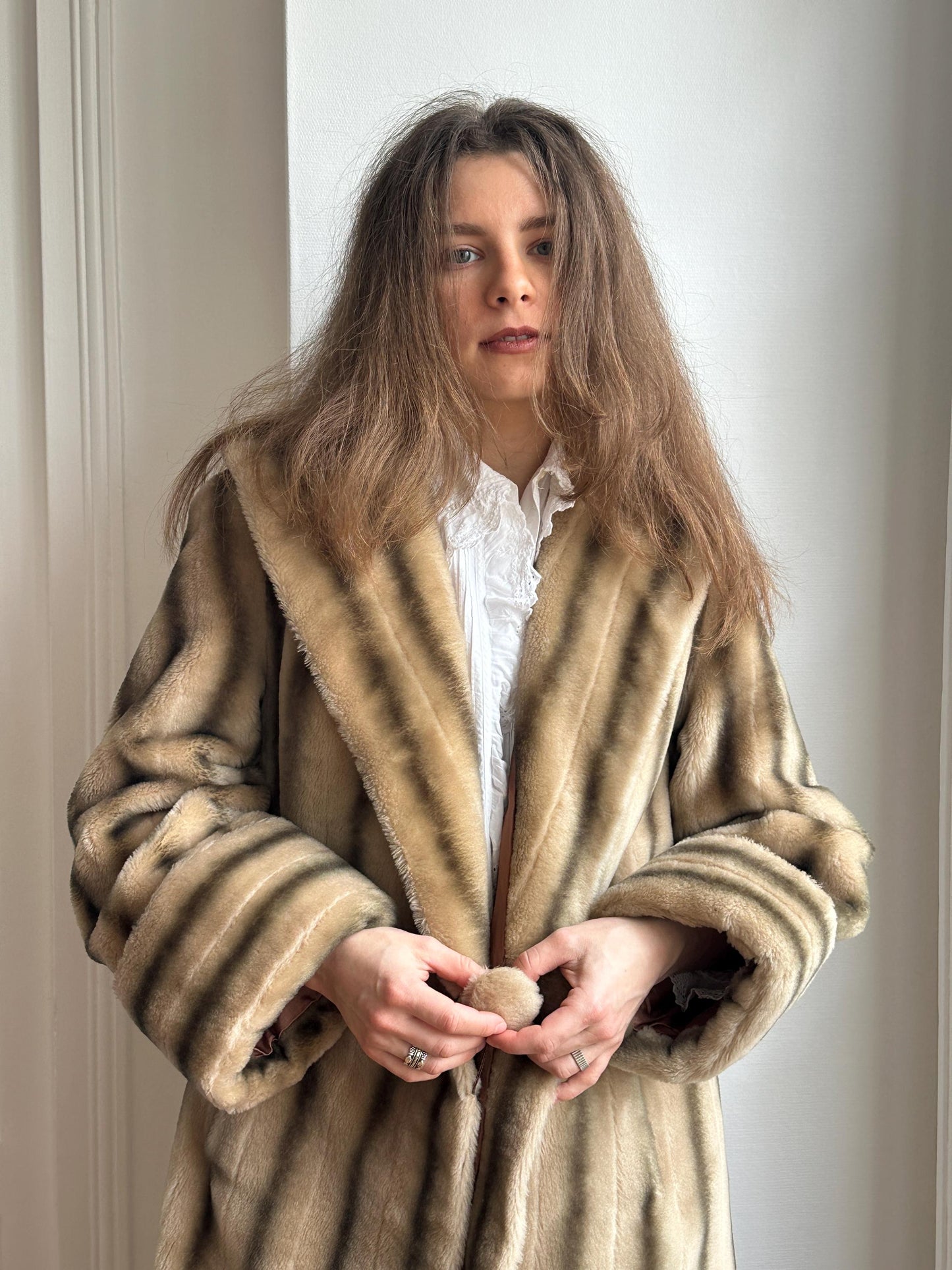 Vintage 60s Faux Fur Coat: Striped, Pom-Pom Closure, Midi Length, British Nylon