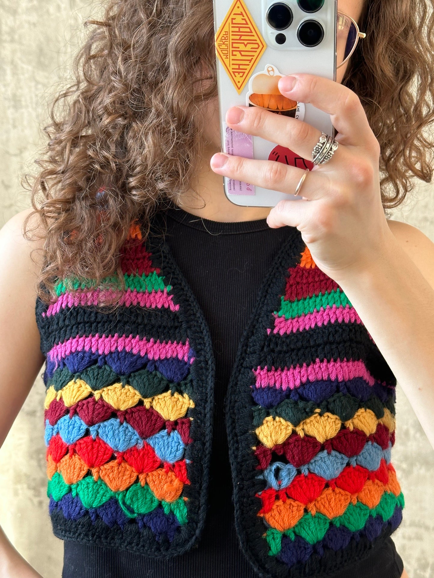 Vintage colorful knitted vest in bright blue, yellow, red