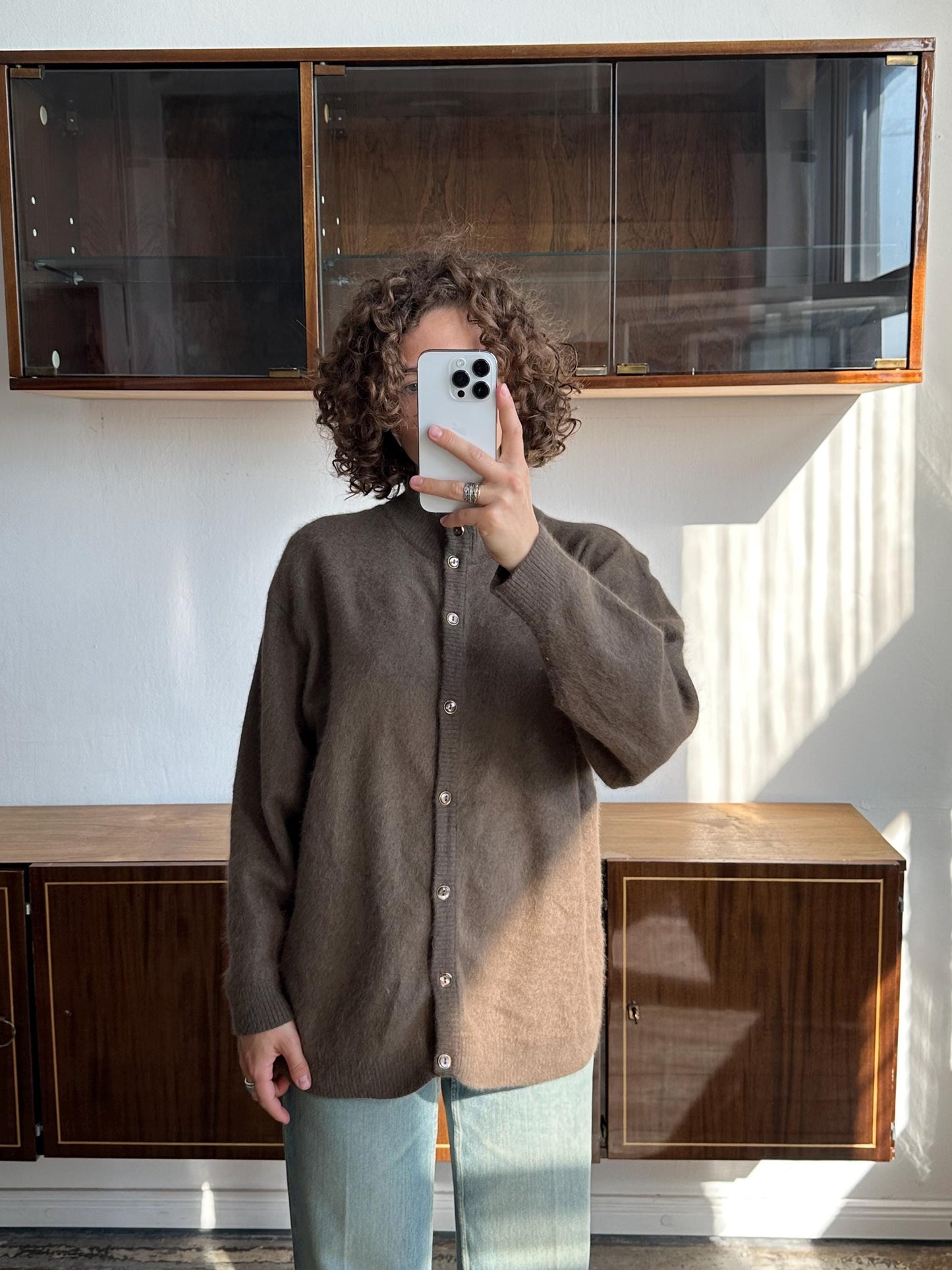 Vintage angora cardigan in brown, 80s fuzzy oversized sweater