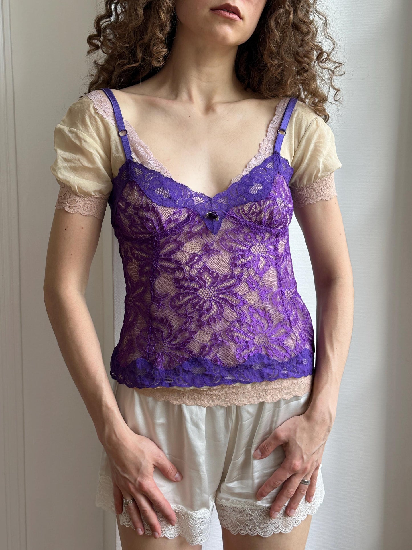 Vintage Dolce & Gabbana Lace Purple Top with Silk Blush Pink Cap Sleeve