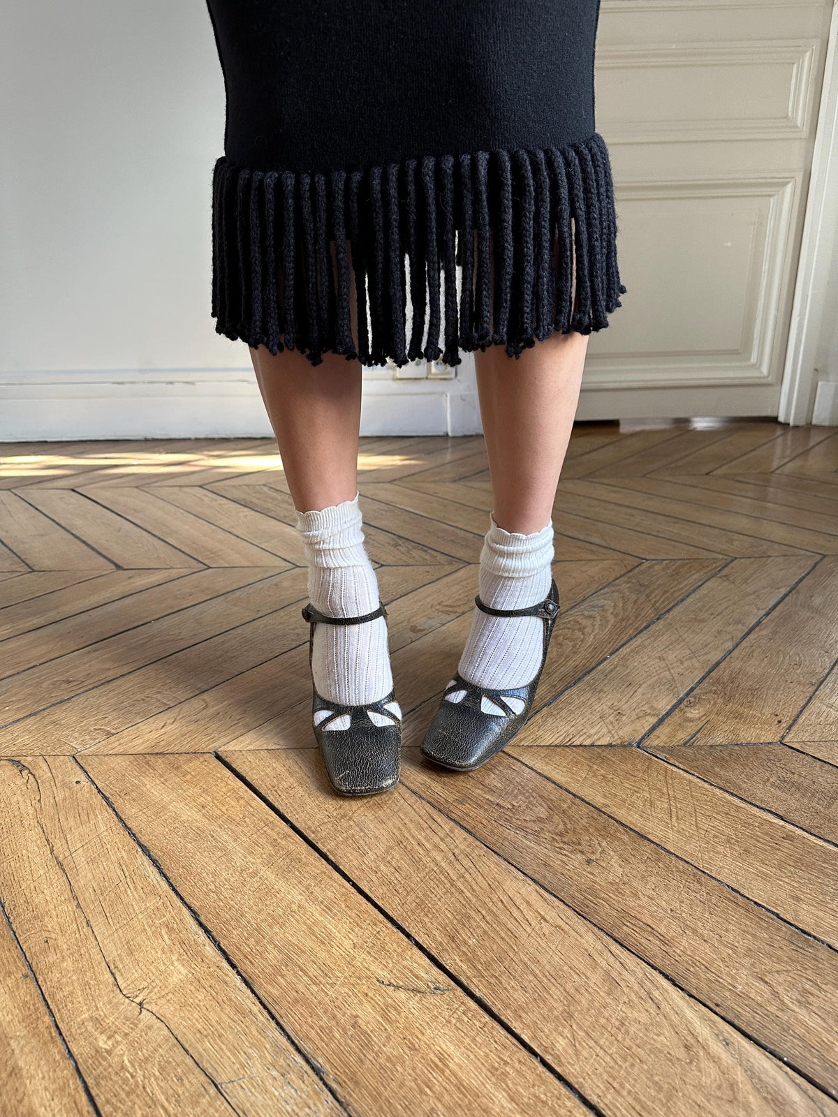 Vintage Sonia Rykiel Knit Skirt Black with Fringe