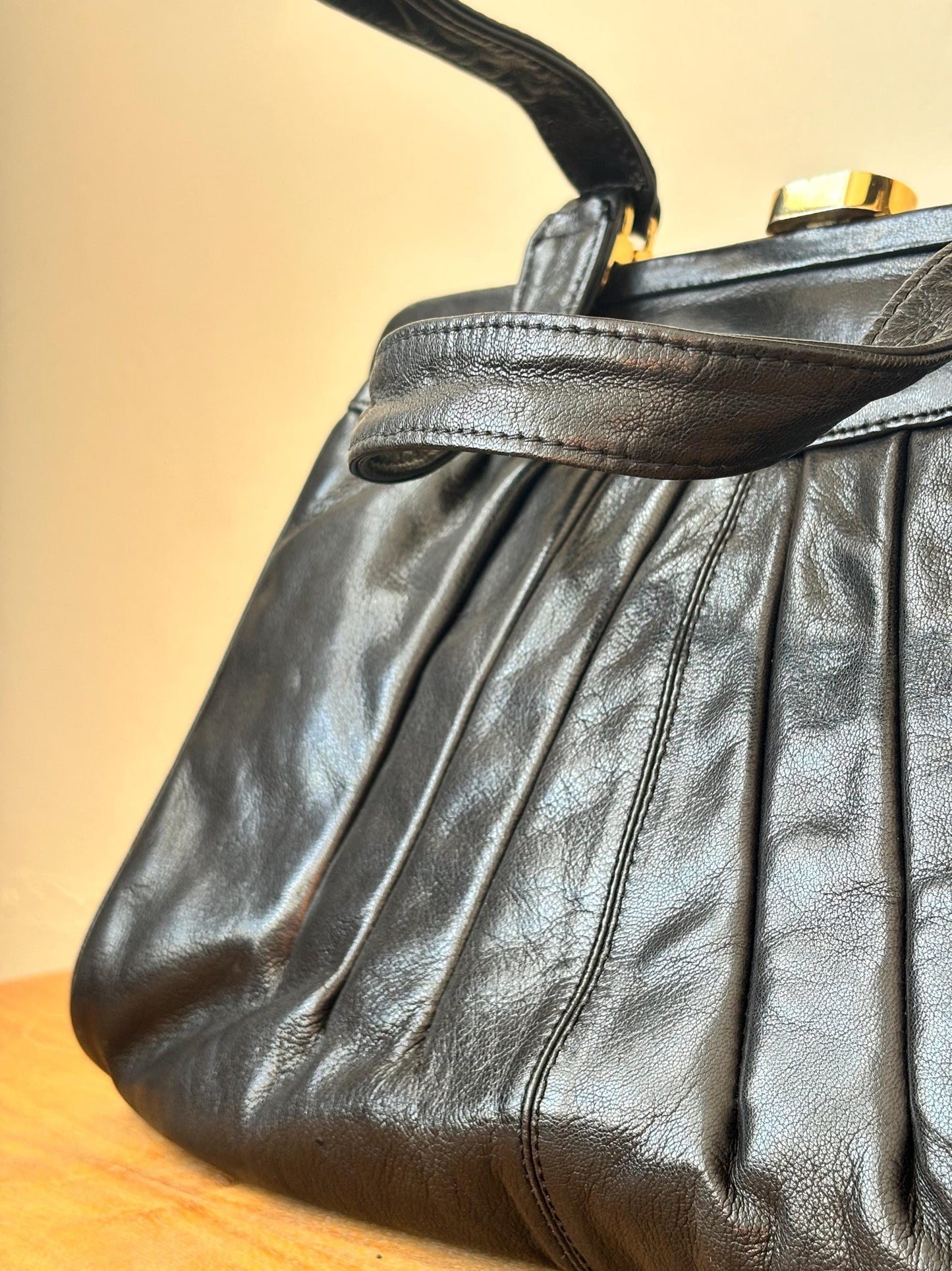 Vintage 90s Structured Top Handle Faux Leather Bag In Black