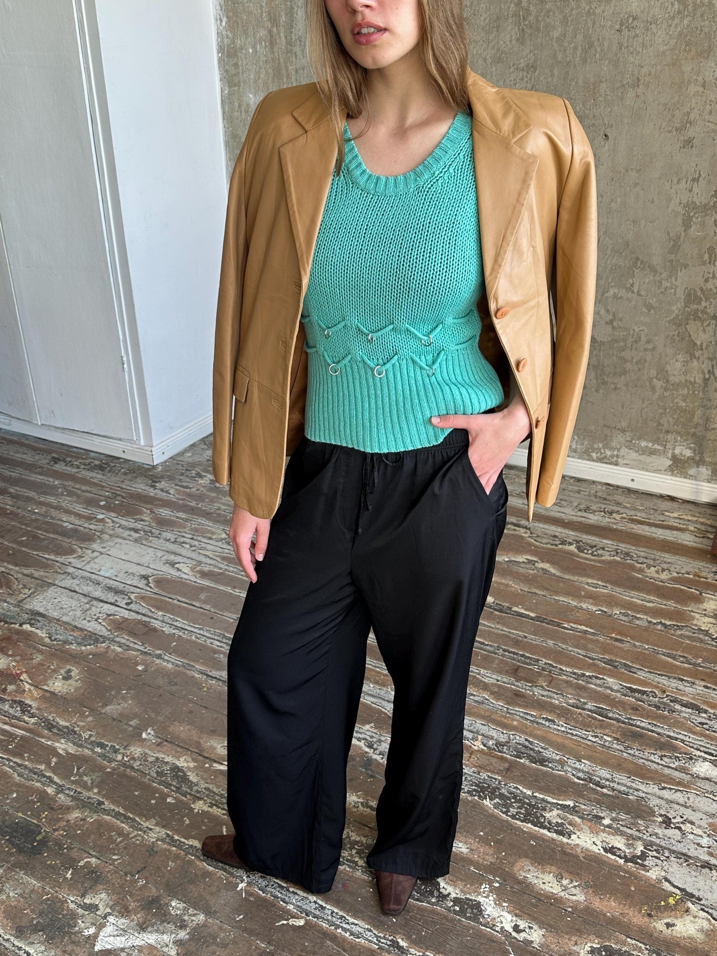 Vintage Caramel Leather Blazer | Lamb Leather Brown Jacket