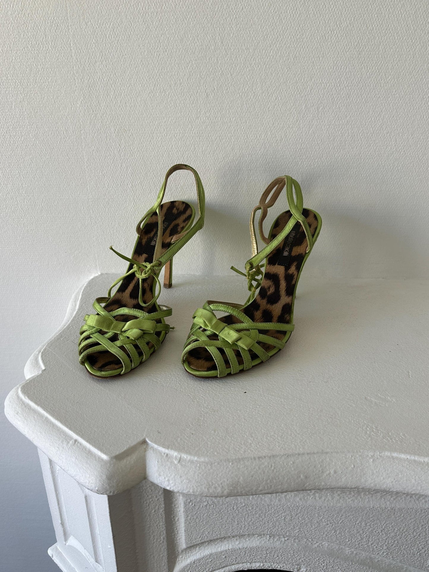 Roberto Cavalli Lime Green Metallic Satin Strappy Heels I EU 38
